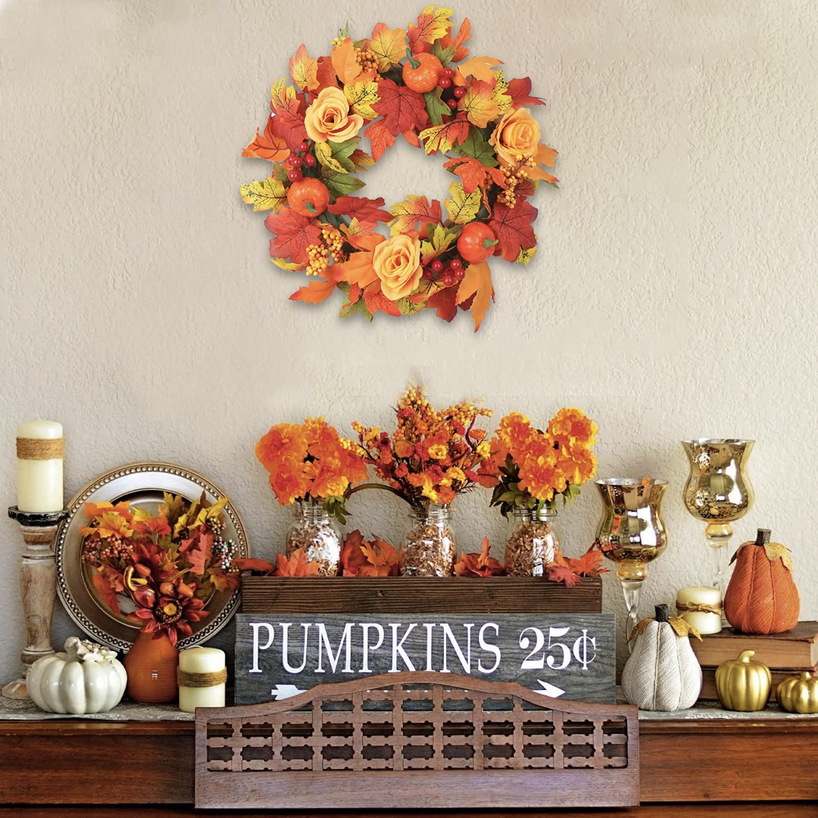 Autumn Wreath for Front Door, 17.5 in Fall Wreath with Pumpkin Thanksgiving Decorations, Maple Leaf Autumn Harvest Decor