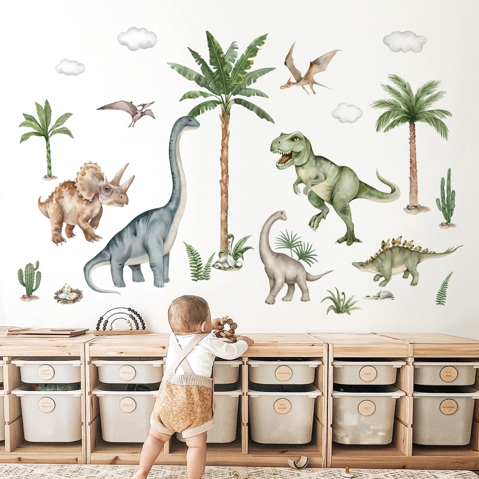 Wondever Large Dinosaur Wall Stickers Tropical Animal Dino Palm Tree Plants Wall Art Decals For Boys Room Baby Nursery Kids Bedr