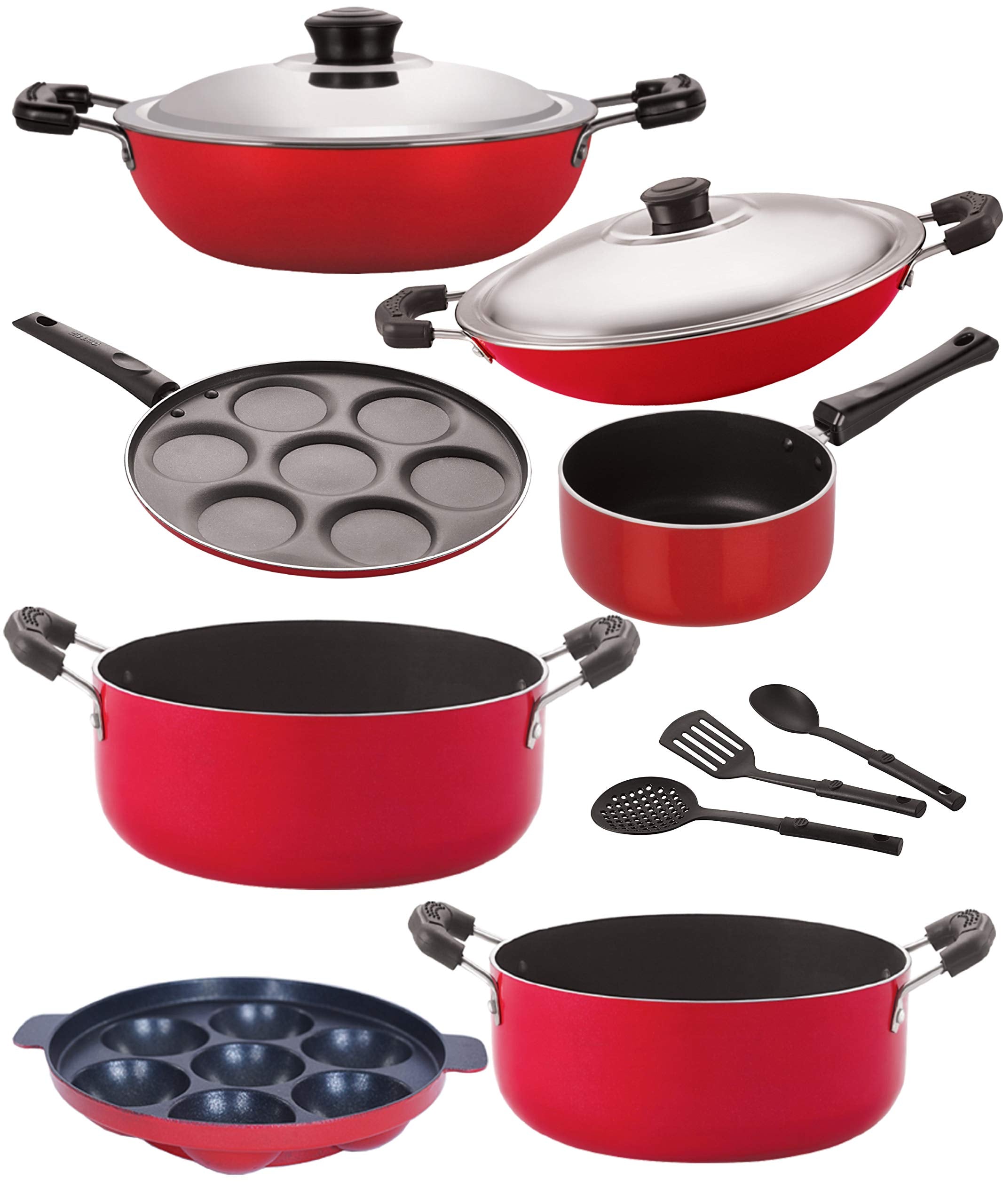 Nirlon Kitchen Accessories For Home Cooking Non Stick Pots And Pan Set Of10 Pieces (2.6Mm_Dkd(J)_Sp(M)_Cs20_Cs22_Ac_Ap7_Up7_3Spo
