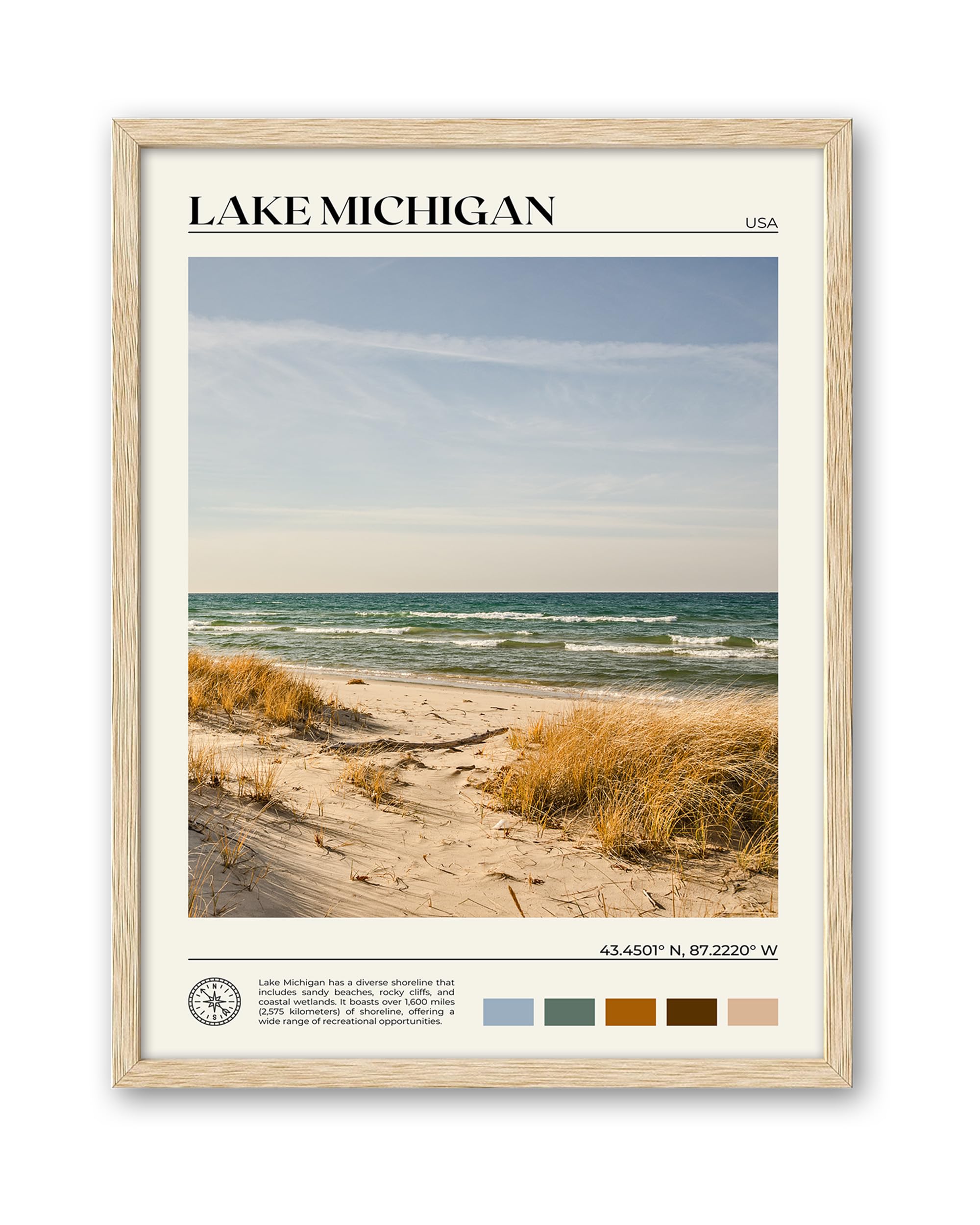 Hesendot Natural Oak Wood Lake Michigan Framed Wall Art,12X16In Natural Scenery Canvas Wall Print,Classic Urban City Landmark Wa