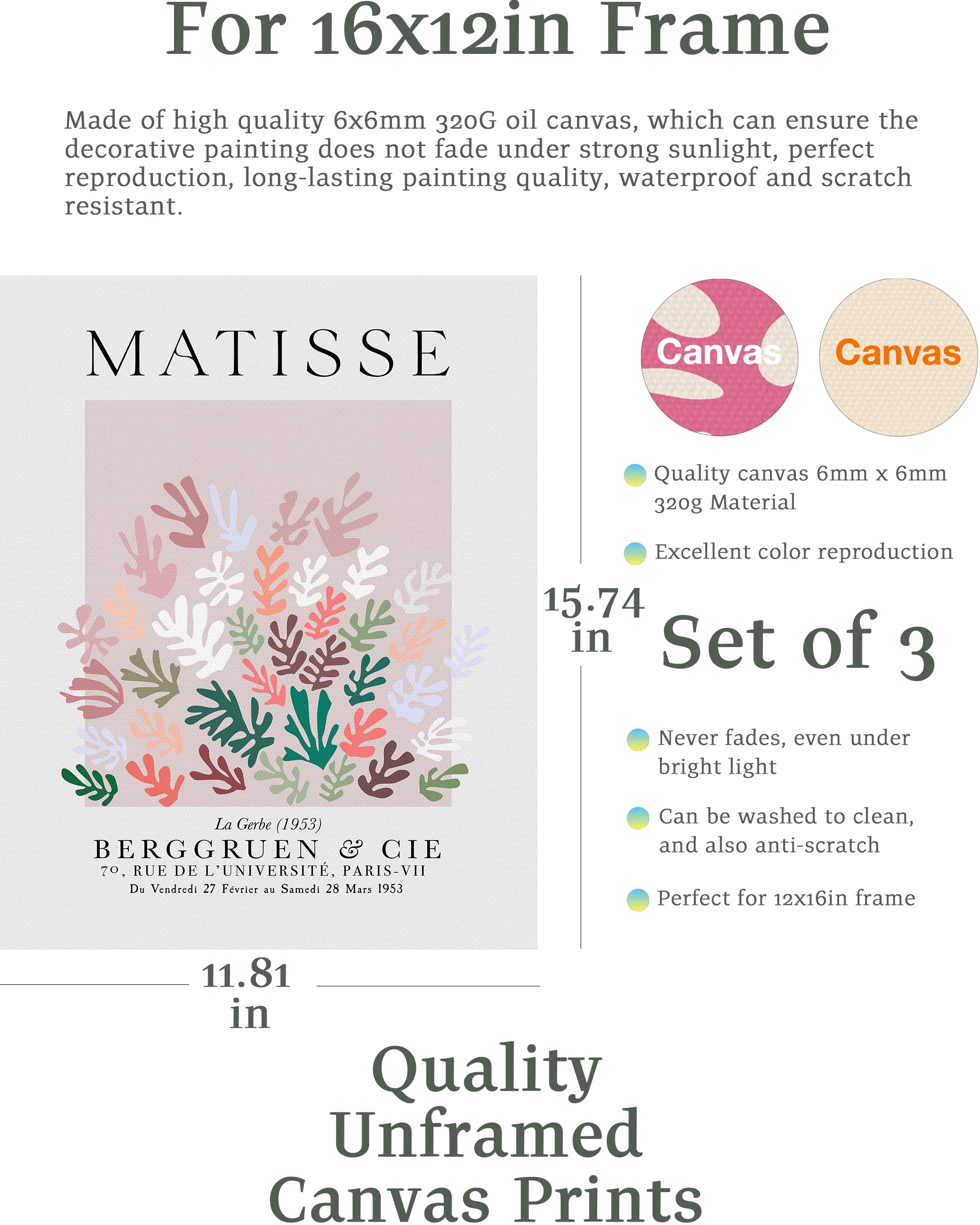 Hesendot Matisse Wall Art Decor Set Of 3,Abstract Matisse Wall Art Exhibition Posters, Unframed Sage Blush Pink Wall Art,Truly Q