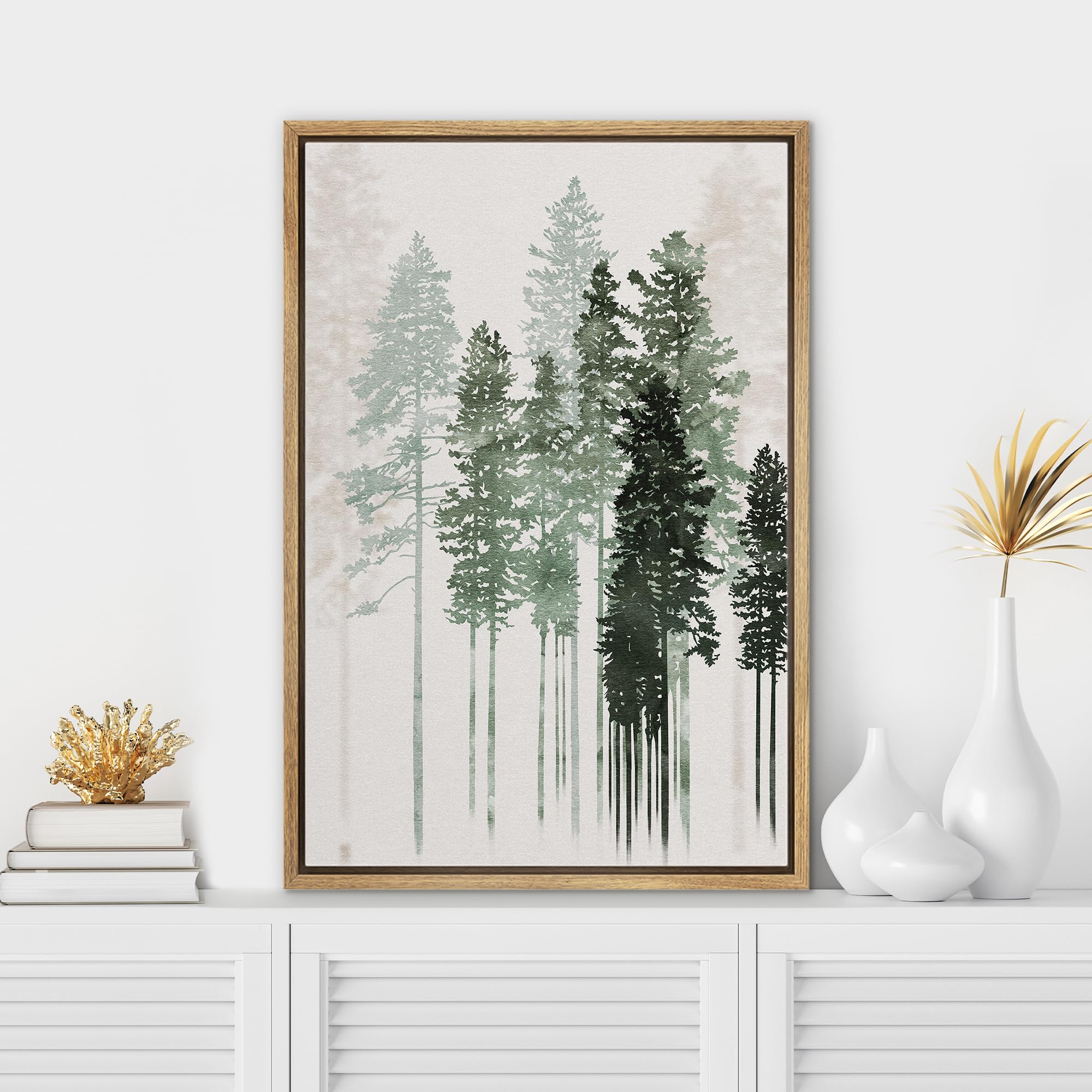 SIGNWIN Framed Canvas Print Wall Art Woodland Nursery Decor Watercolor Pastel Misty Forest Bird Sky Nature Modern Art Decorative Landscape for Living Room  Bedroom  Office - 16''x24'' NATURAL