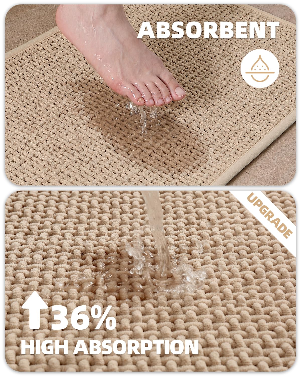 Color&Geometry Standard Sized Bathroom Rugs Upgraded Denser Chenille Pile, 17''X28.5'' Non Slip Absorbent Beige Bath Mats For Ba