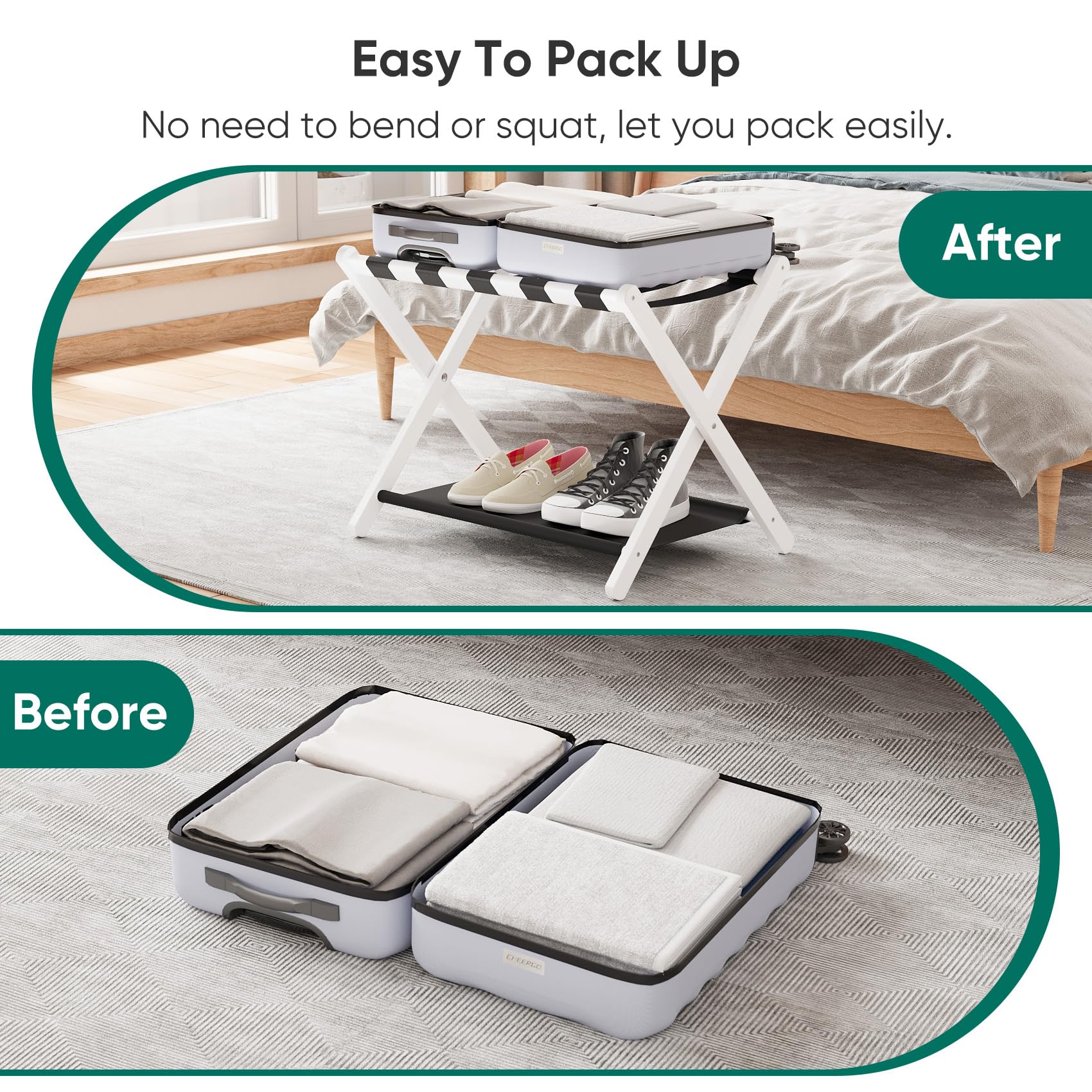 Smuxee White Bamboo Luggage Rack Pack Of 2, Foldable Suitcase Stand With Storage Shelf, Easily Assembled Luggage Stand With 5 Ny