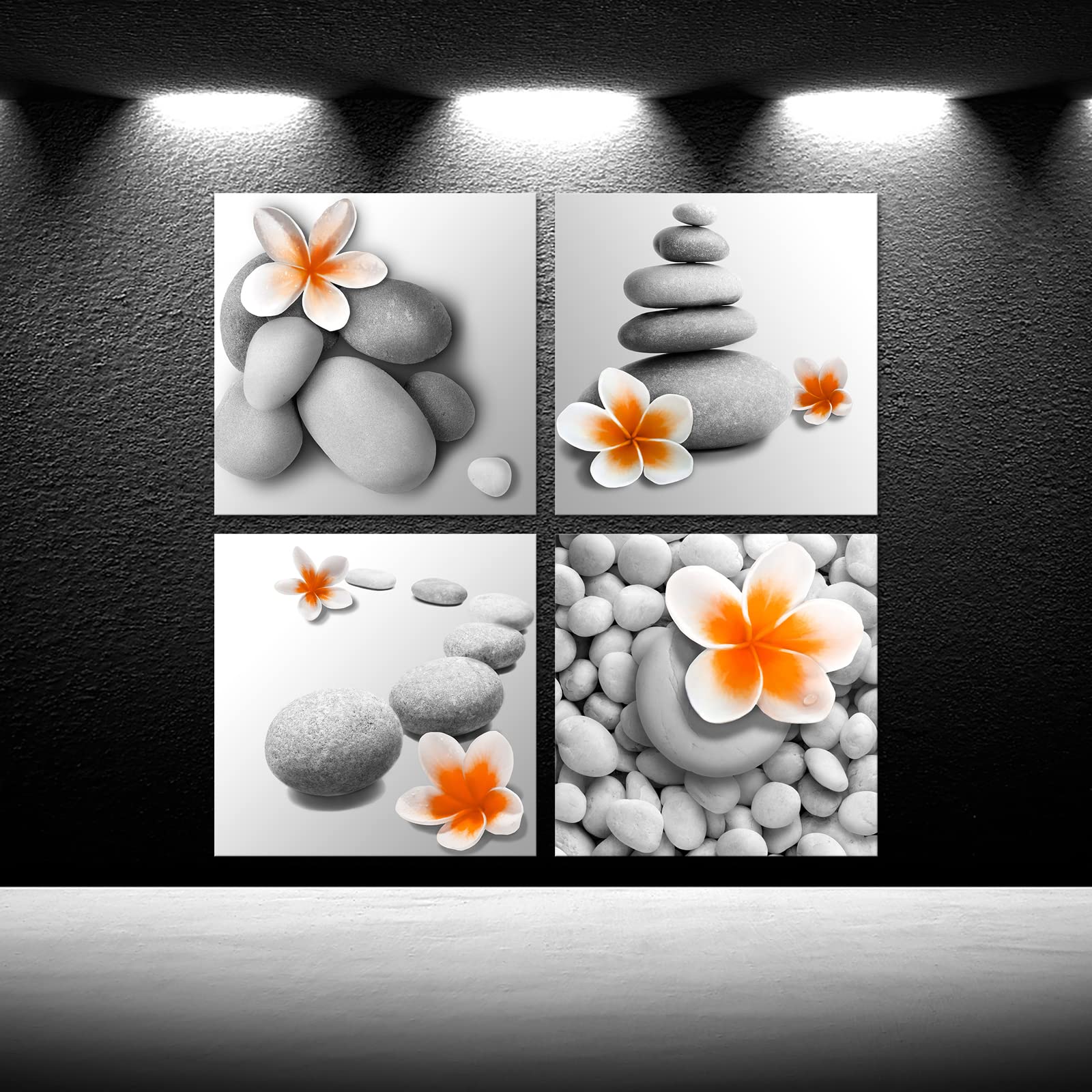 iKNOW FOTO Zen Stone with Orange Flower Wall Art  Framed Canvas Print for Relaxing Bathroom  Bedroom  Spa D?cor  Tranquil Nature-Inspired Design  Ready to Hang (12x12 inches)