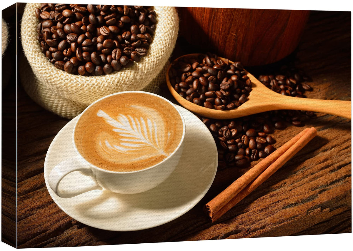 Canvas Prints Wall Art - A Cup Of Cafe Latte And Coffee Beans | Modern Wall Decor/Home Art Stretched Gallery Canvas Wraps Giclee