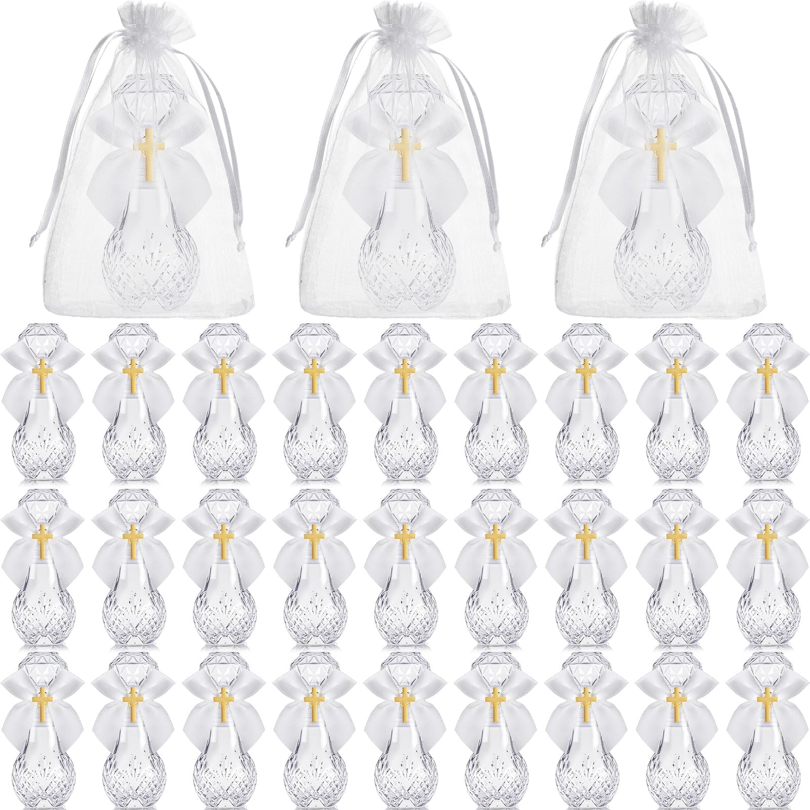 Chuangdi 30 Set Holy Catholic Water Bottles Bulk 50ml Christian Water Container Empty Glass Bottle with Cross Lapel Pin Organza 