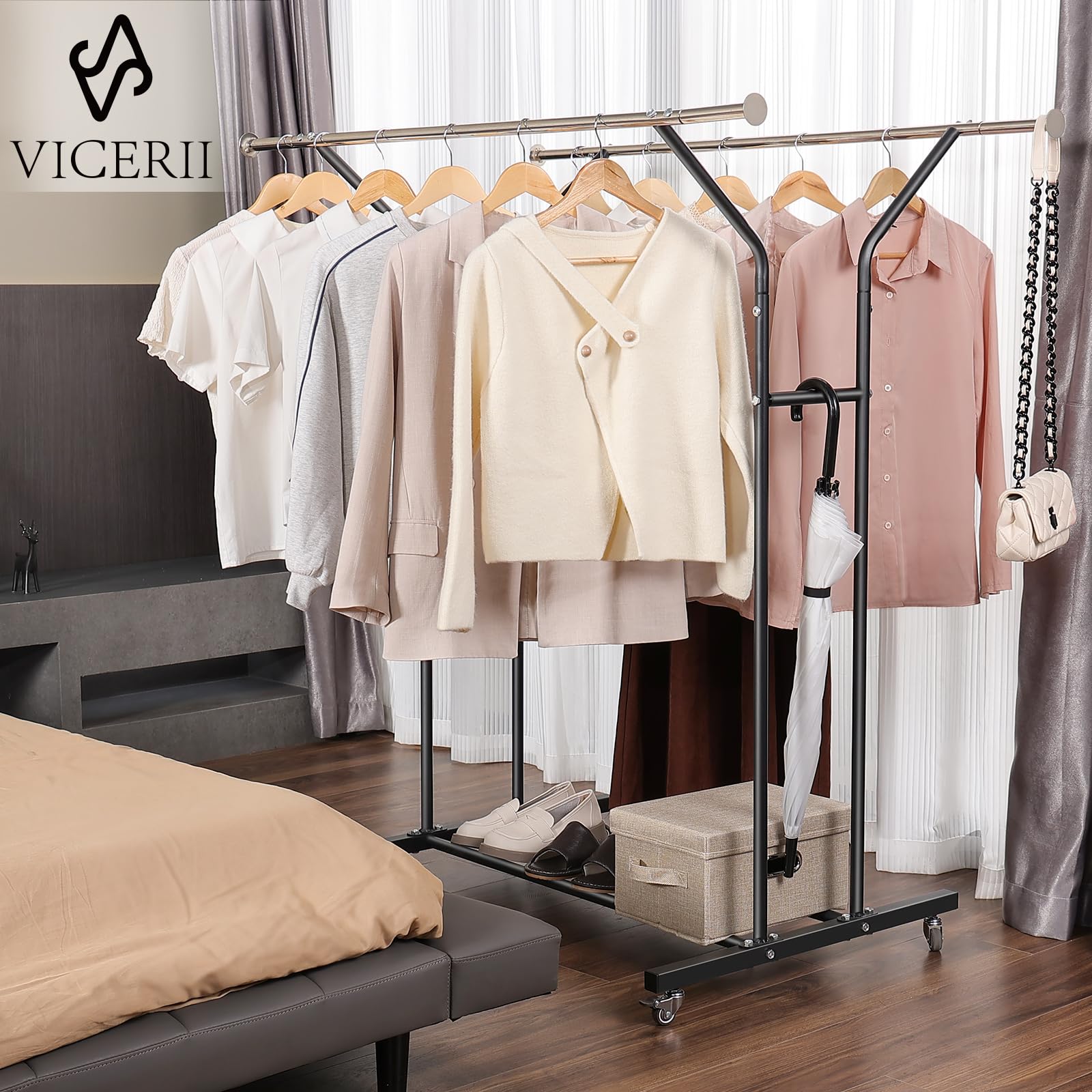 Vicerii Clothing Rack, Heavy Duty Clothes Rack With Wheels And Bottom Shelf, 52.36 Metal Double Clothing Rack With Wheels, Wardr