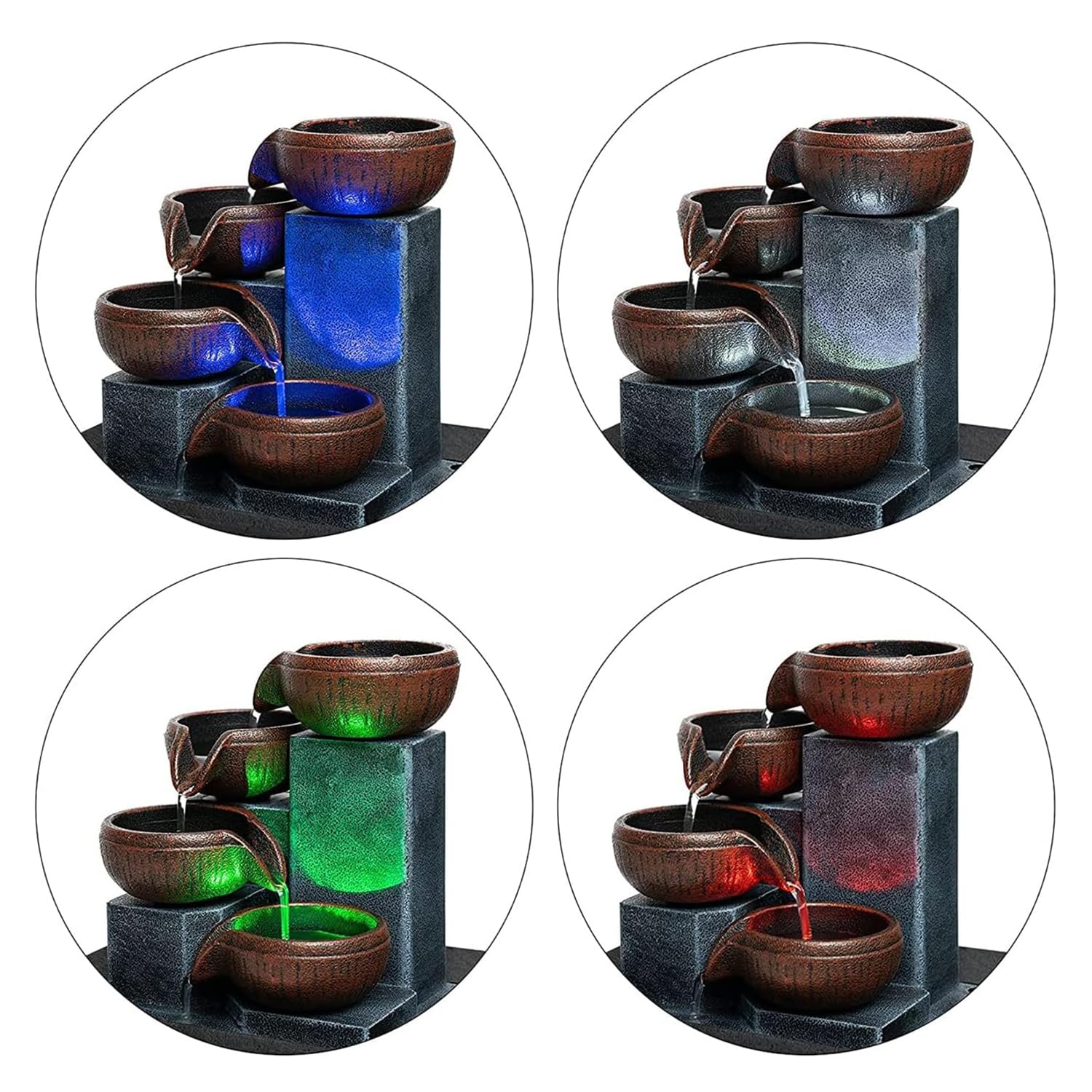 Small Indoor Relaxation Tabletop Fountain, Zen Meditation Waterfall Feature with Color LED Light & Natural Rocks, 4 Level Desk W