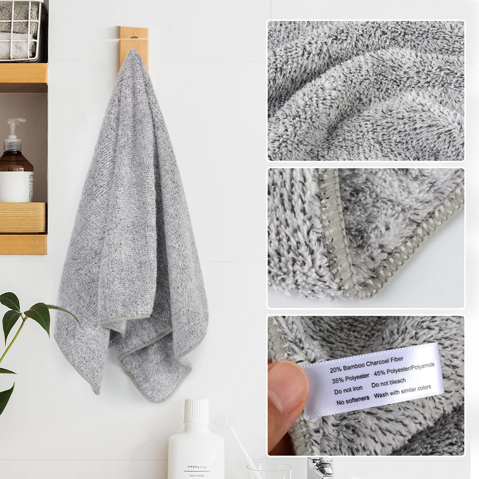 SINLAND Microfiber Hand Towel for Bathroom Super Soft Bamboo Charcoal Makeup Remover Cloth Washcloth for Home Spa Sports Face Cleansing Towel 16Inch x 31Inch 3 Pack