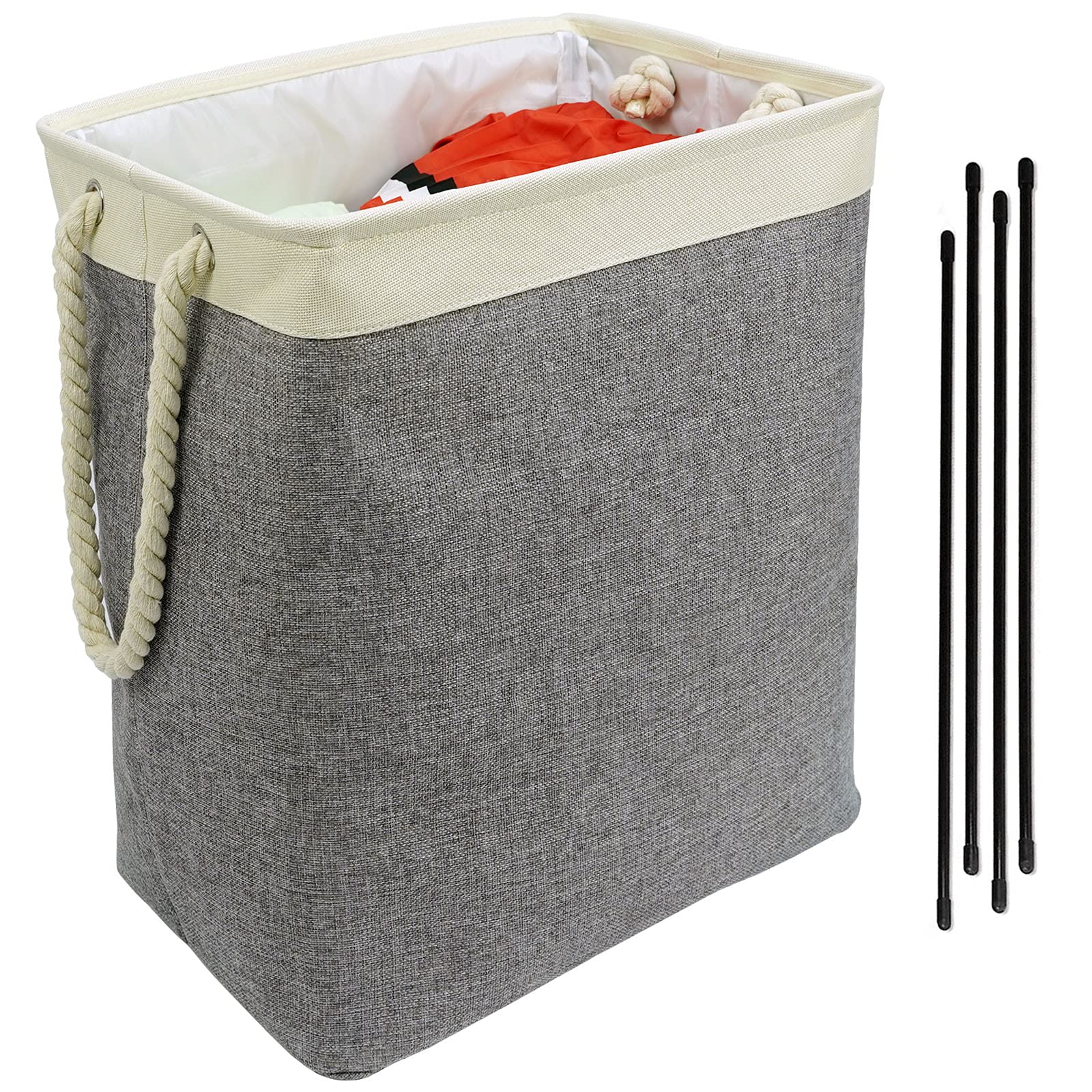 Casaphoria 75L Laundry Hamper With Support Rods And Rope Handles, ,Freestanding Rectangular Fabric Storage Basket Large Cube Org