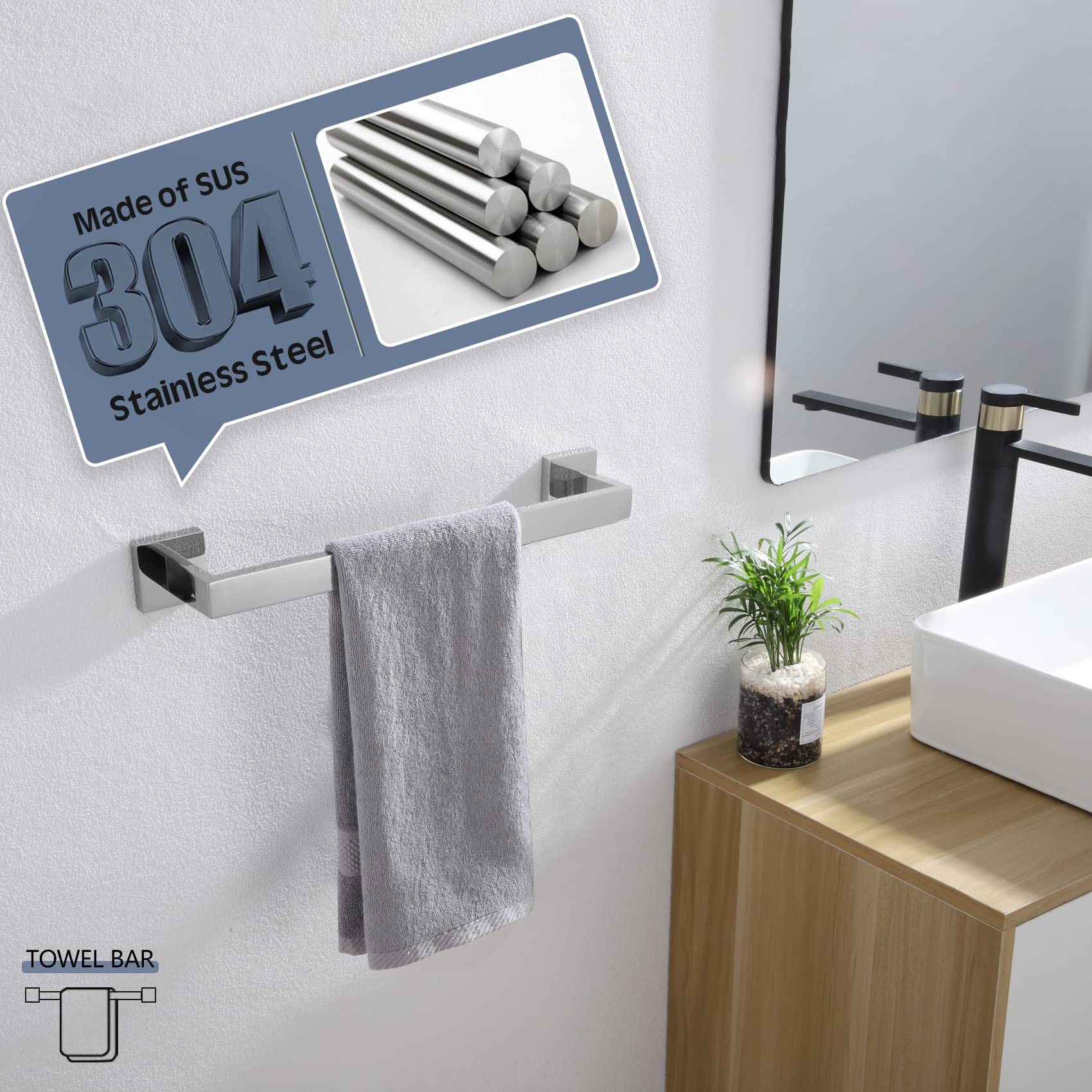 Kokosiri 16-Inch Single Towel Bar, Bathroom Kitchen Towel Holder, Wall Mounted Sus304 Stainless Steel Towel Rack, Polished Chrom