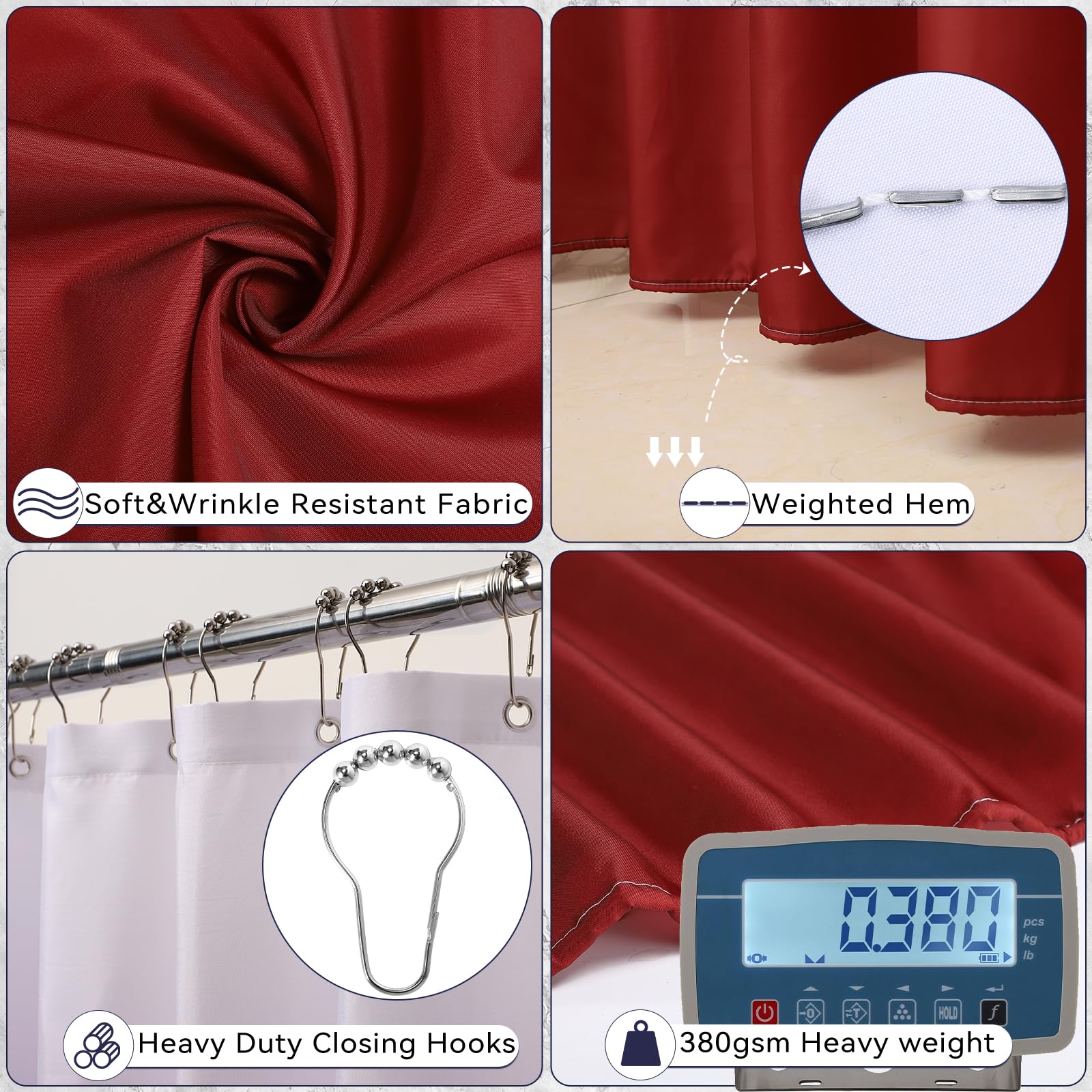 Burgundy Bathroom Accessories Set With Ombre Shower Curtain And Bathroom Rugs, Dark Red Bathroom Sets With Trash Can,Toothbrush