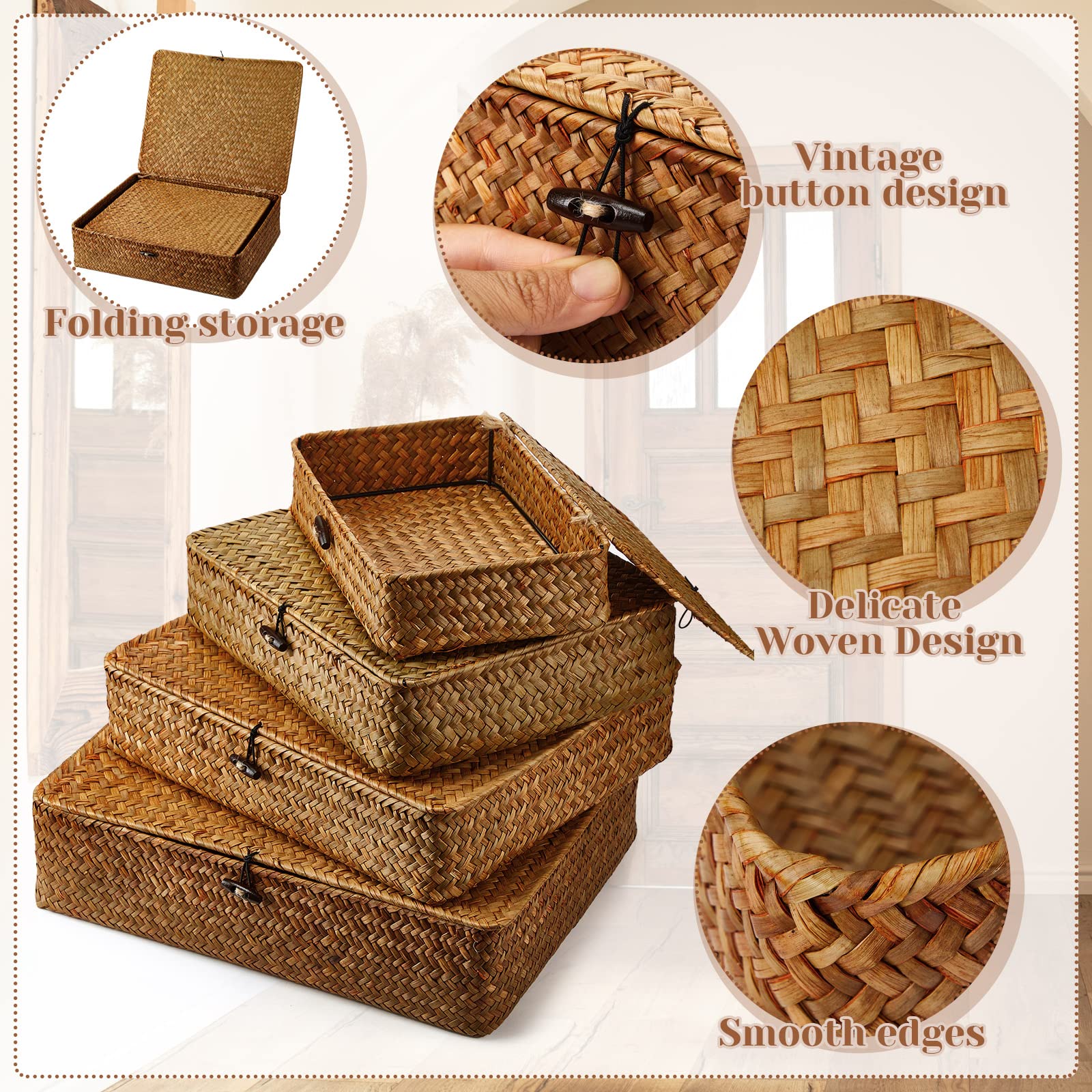 Didaey Set Of 4 Seagrass Basket With Lid Wicker Storage Basket Decorative Storage Boxes With Lids Flat Storage Bins Woven Organi