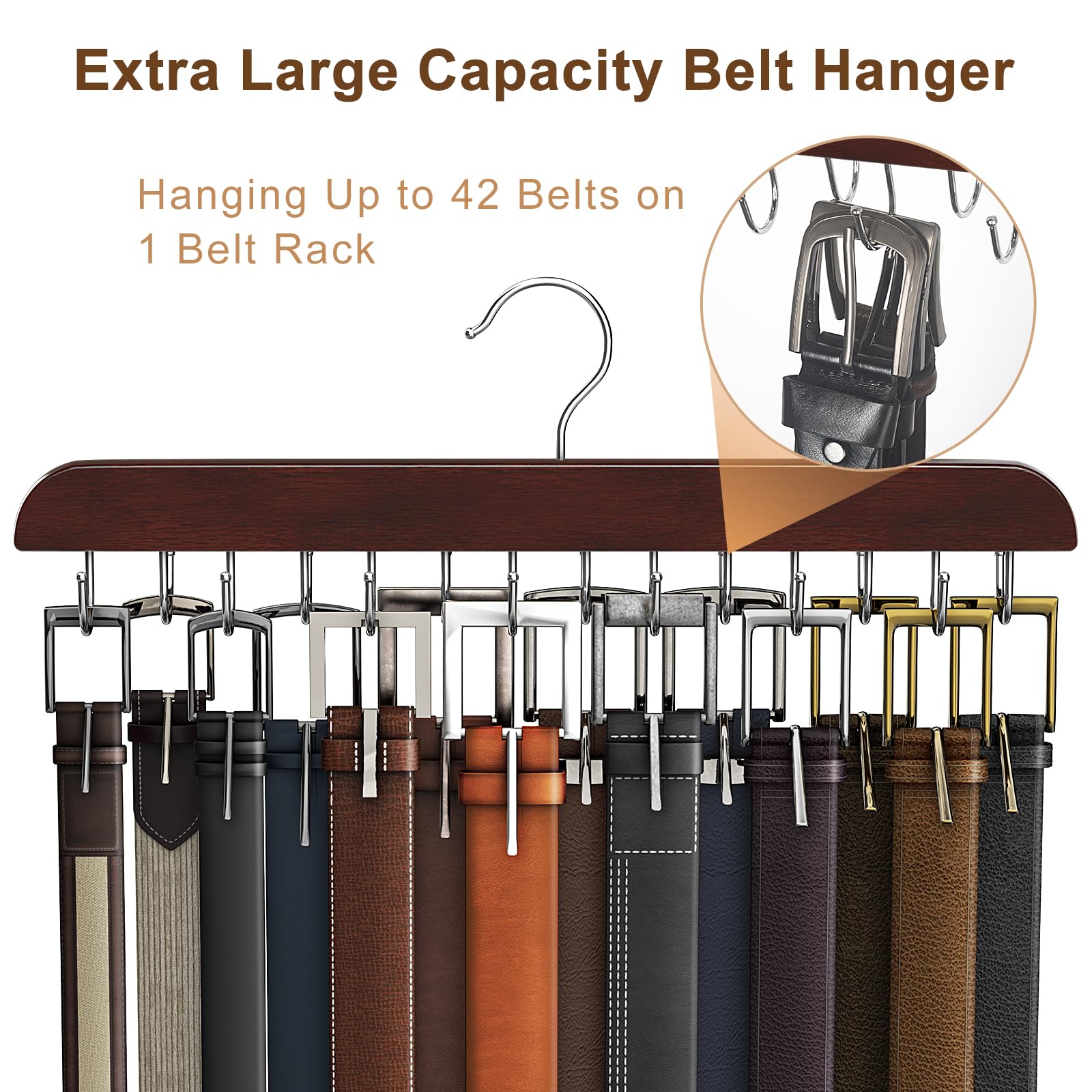 Belt Hanger For Closet Max 42 Belts, Belt Organizer Closet Accessories With 14 Hooks Belt Rack Sturdy Wood For Closet Organizers
