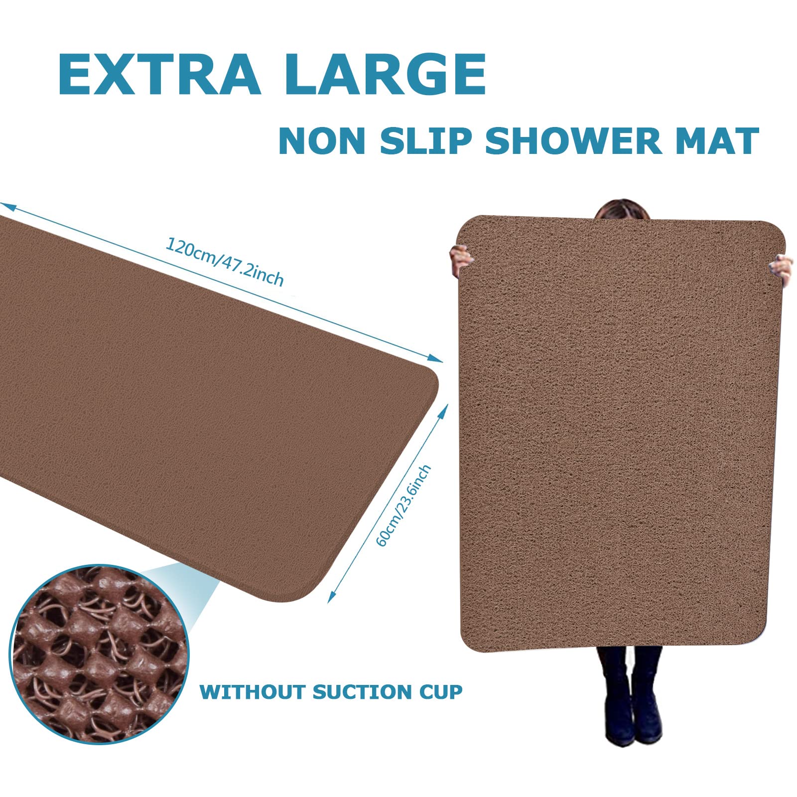 Extra Large Shower Mats Non Slip, 23.6  47.2 Inch, Bath Mat For Shower, Loofah Mats For Shower And Bathroom, Quick Drying, Brown