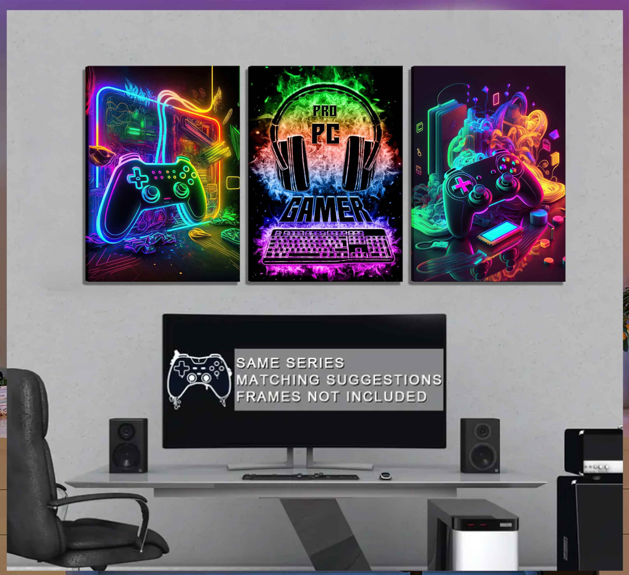 Nbyartq 3Pcs Cool Gaming Wall Art Retro Video Gamer Watercolor Posters Pictures Colorful Neon Gamepad Canvas Painting Prints For