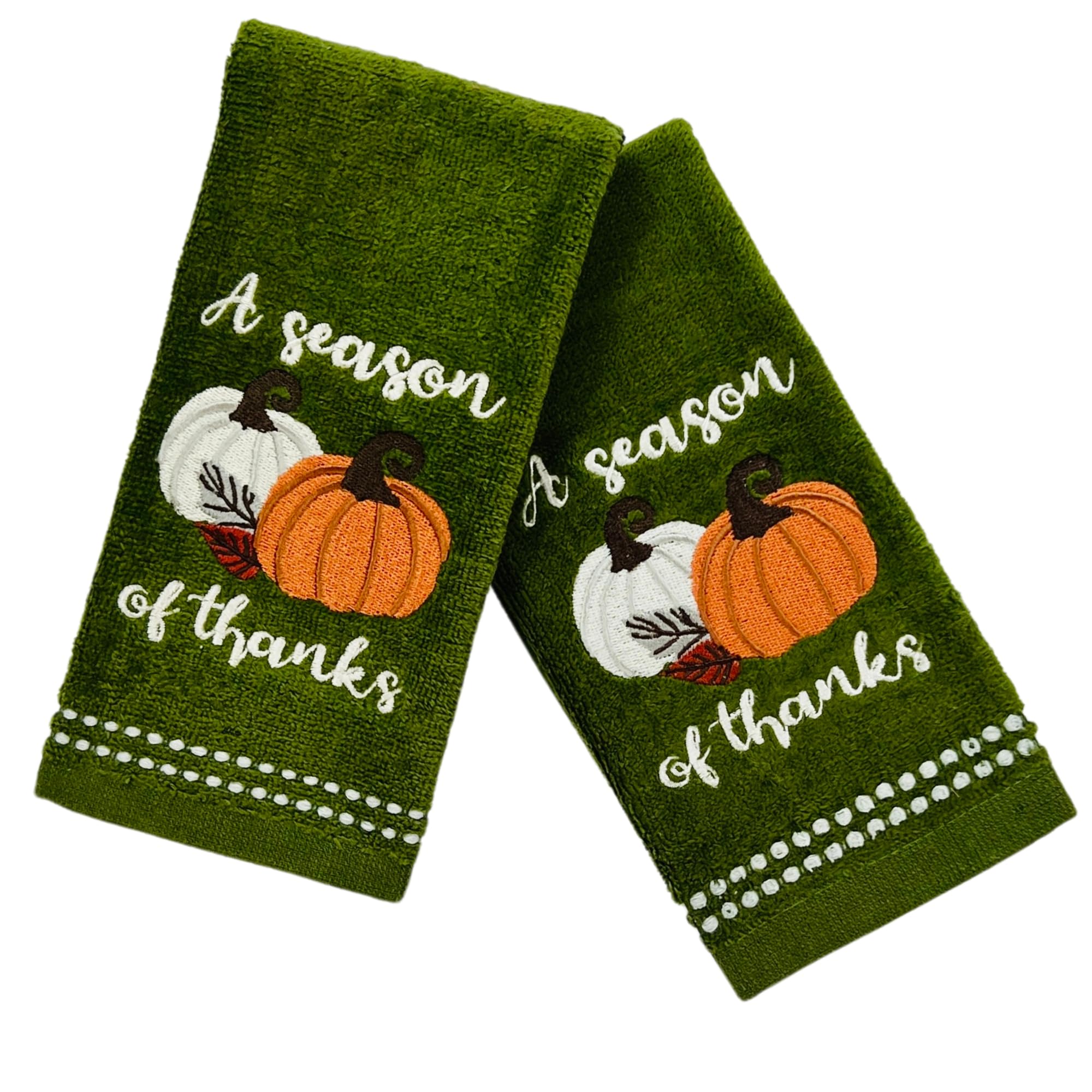 Serafina Home Autumn Fall Bath Fingertip Towels, Forest Olive Dark Green, 100% Cotton, Embroidered A Season Of Thanks Pumpkin De