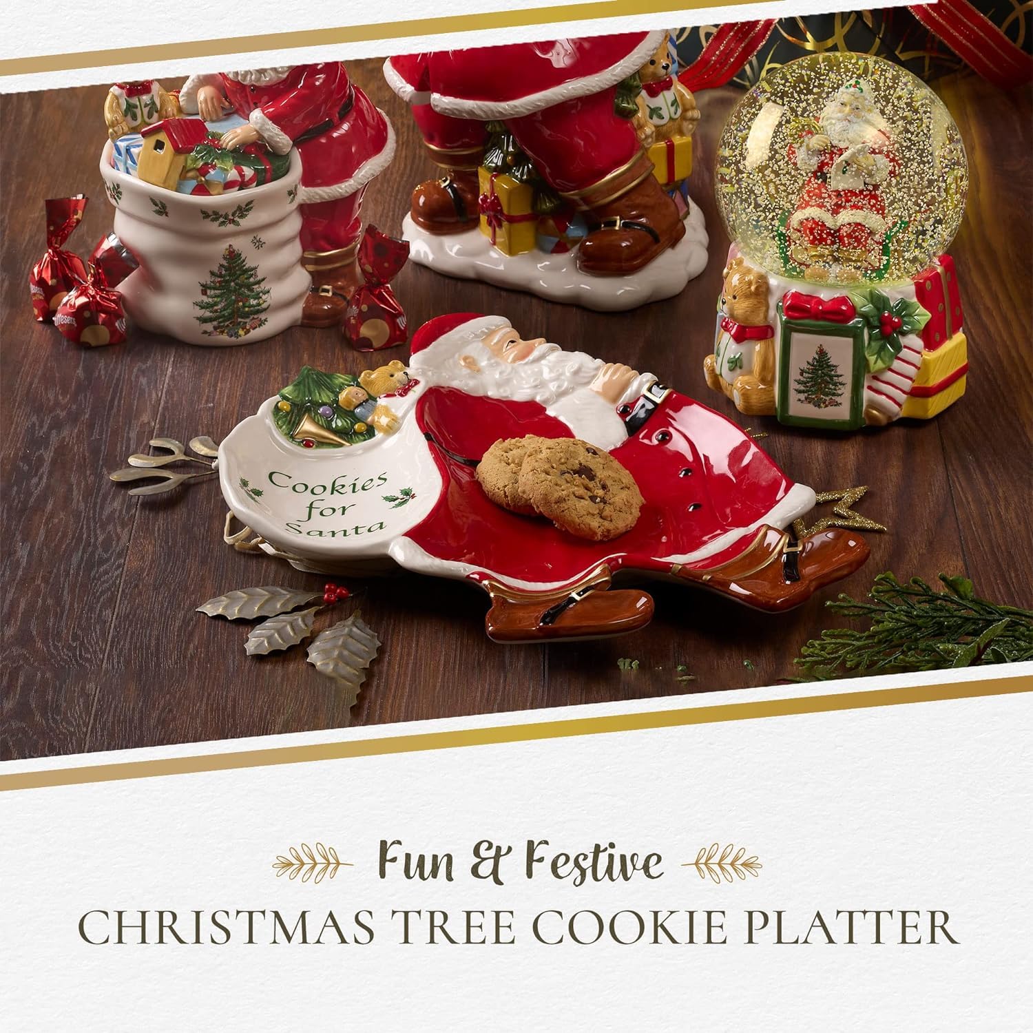 Spode Christmas Tree Figural Cookies For Santa Platter - 12-Inch Holiday Serving Plate For Cookies, Desserts, And Treats - Dolom