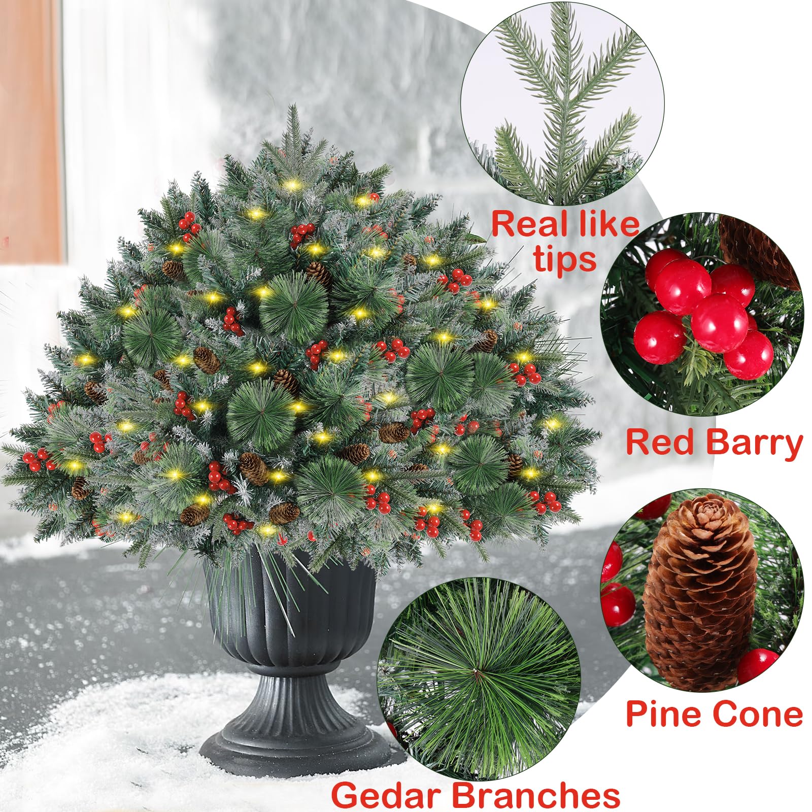 2 Pack 24Inch Prelit Christmas Trees,Outdoor Frosted Urn Fillers 150 Branches Battery Operated 50 LEDs Dual Color Change with Ti