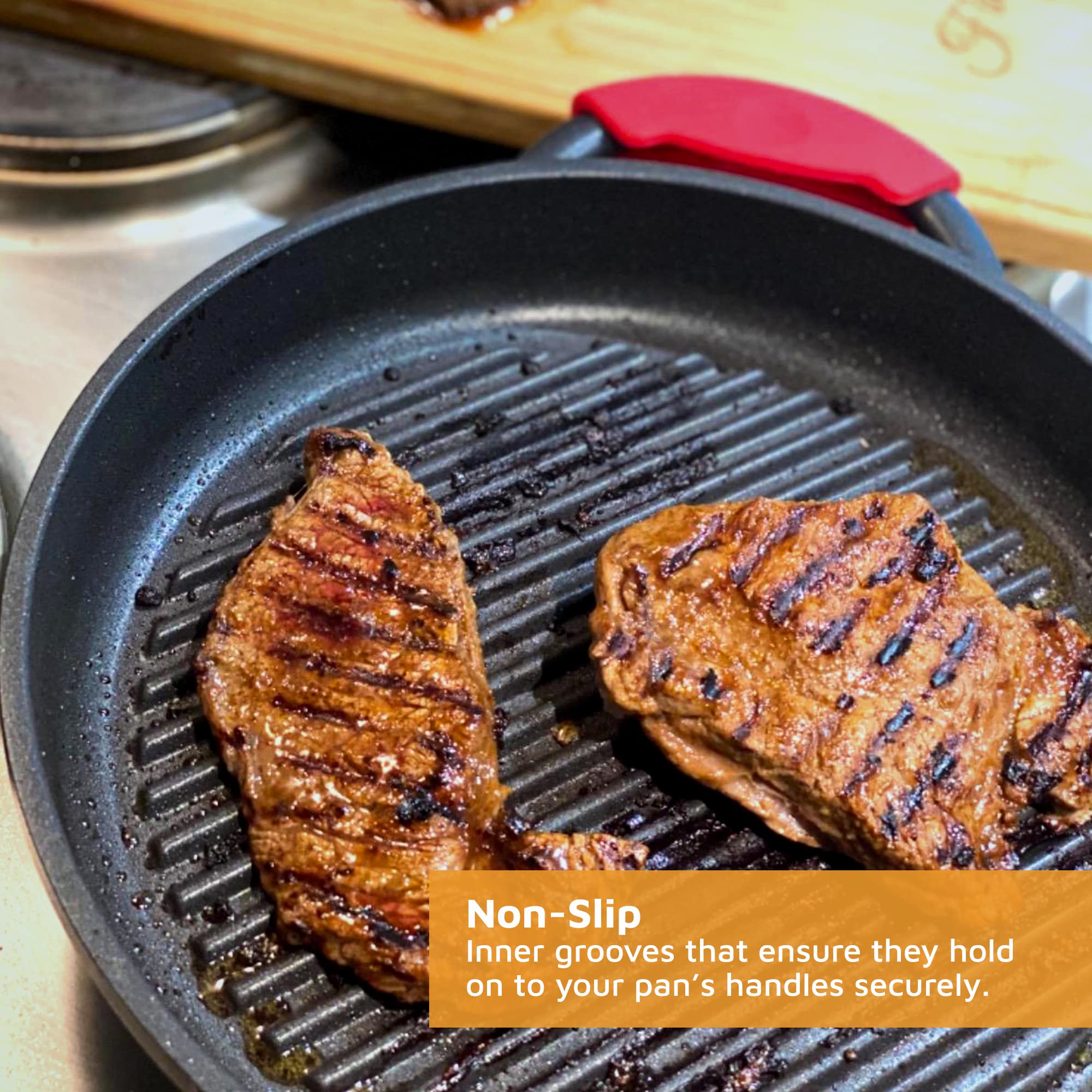 Jean-Patrique Assist Silicone Handle Cover For Whatever Pan - Set Of 2 Red Silicone Hot Handle Holder For Granite Pan - Up To 46