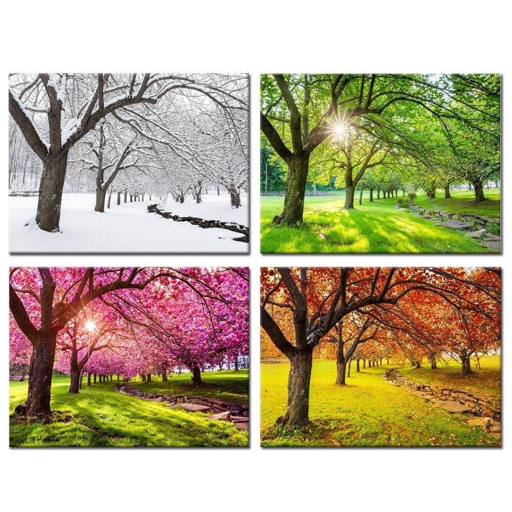 Kreative Arts 4 Piece Canvas Wall Art Spring Summer Autumn Winter Four Seasons Landscape Colorful Tree Painting Picture Prints M