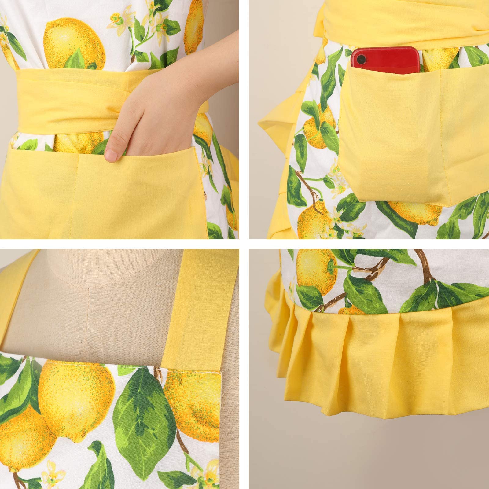 G2Plus Thick Lemon Cotton Apron, Kitchen Apron For Women, Adjustable Cooking Apron With Pocket For Baking, Garden, Christmas