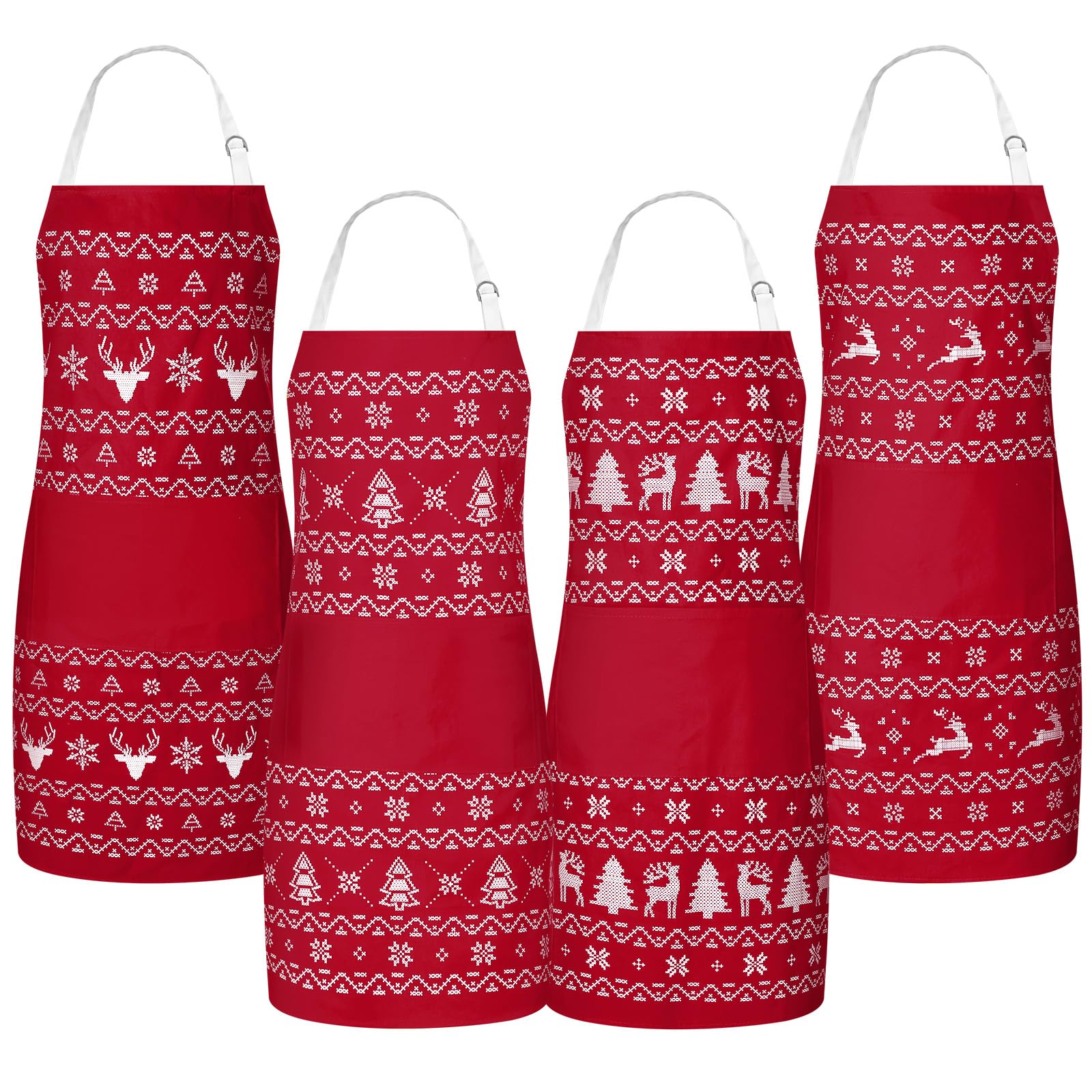 Ramede 4 Pcs Red Nordic Christmas Apron For Women Cotton Adjustable Winter Snowflake Kitchen Apron With Pockets For Women Men, 3