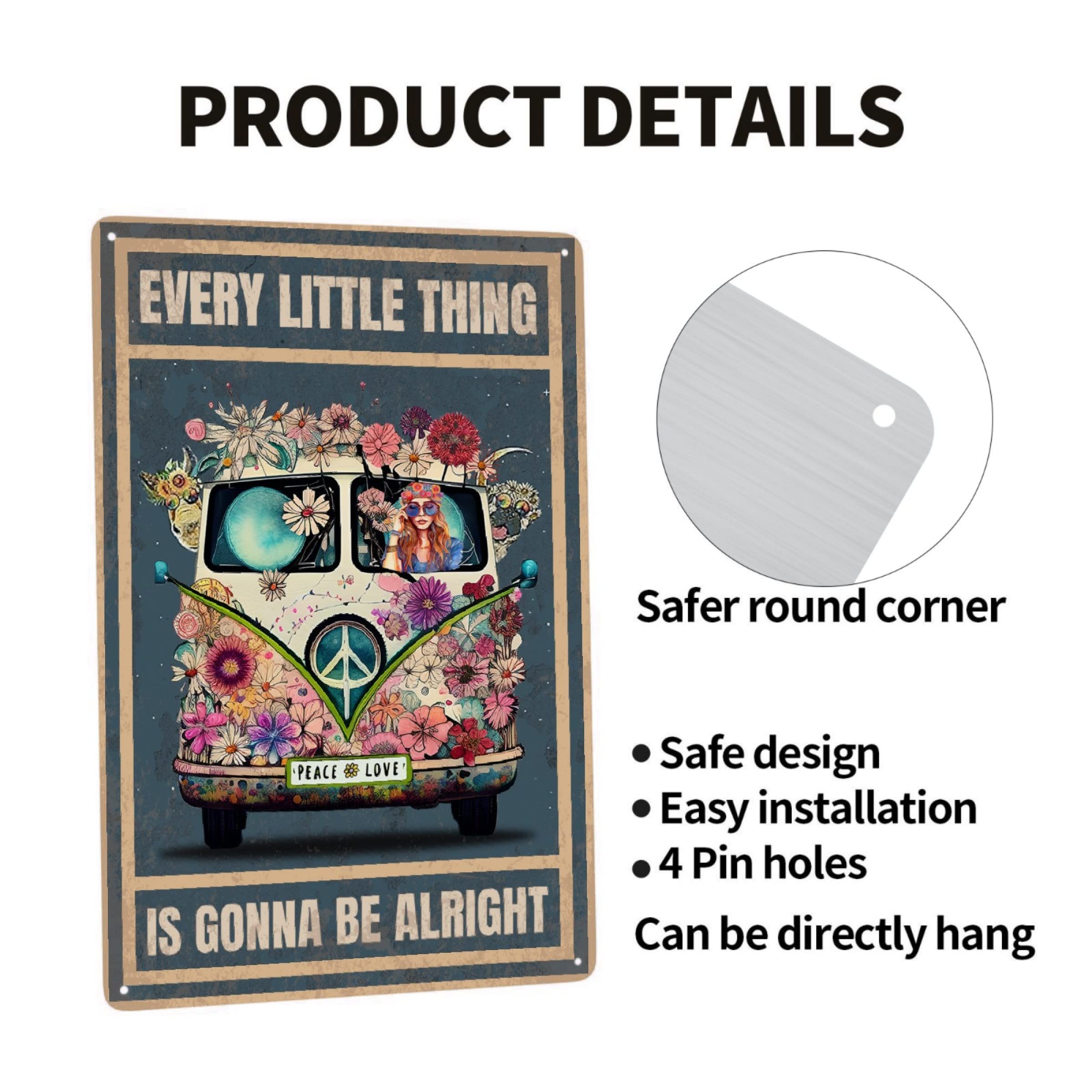 Jocasa Vintage Hippie Metal Poster Every Little Thing Is Gonna Be Alright Sign Room Decor-Retro Hippie Wall Decor Aluminum Metal