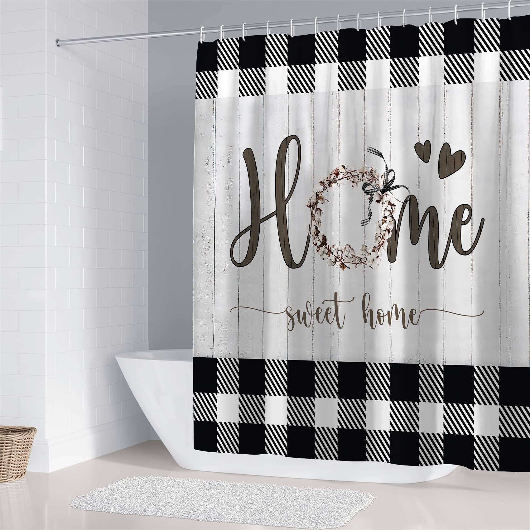 FZDHHY Black and White Bathroom Sets Home Sweet Home Shower Curtain Set with Rugs Rustic Plaid Bathroom Shower Curtain Set with Carpet Bath Mat Toilet Rugs