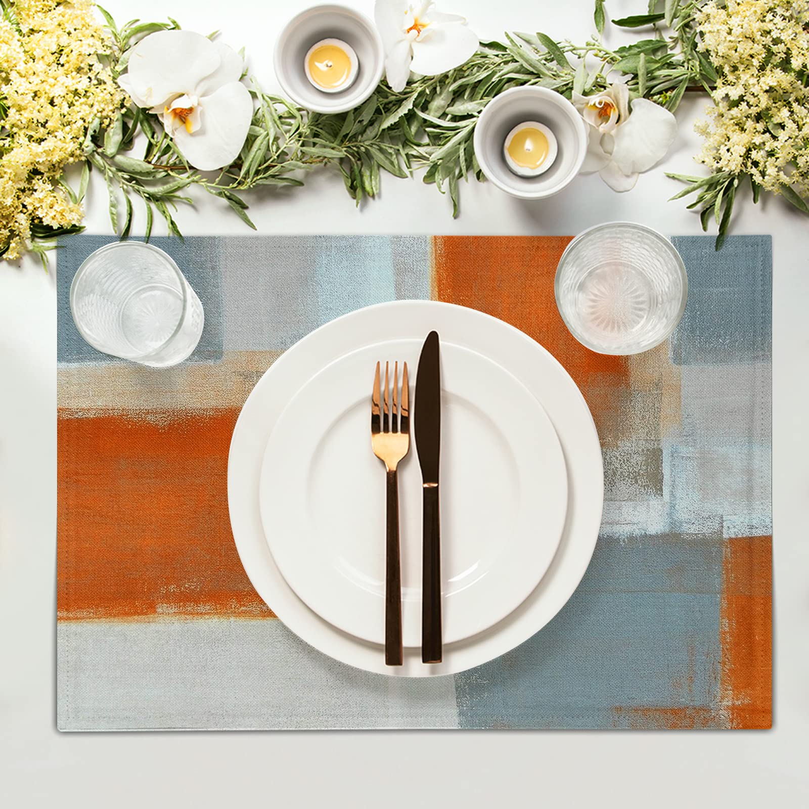 Grey And Orange Placemats Set Of 4,Washable Heat Resistant Non-Slip Gray Placemats For Dining Table Coffee Kitchen Decor Modern