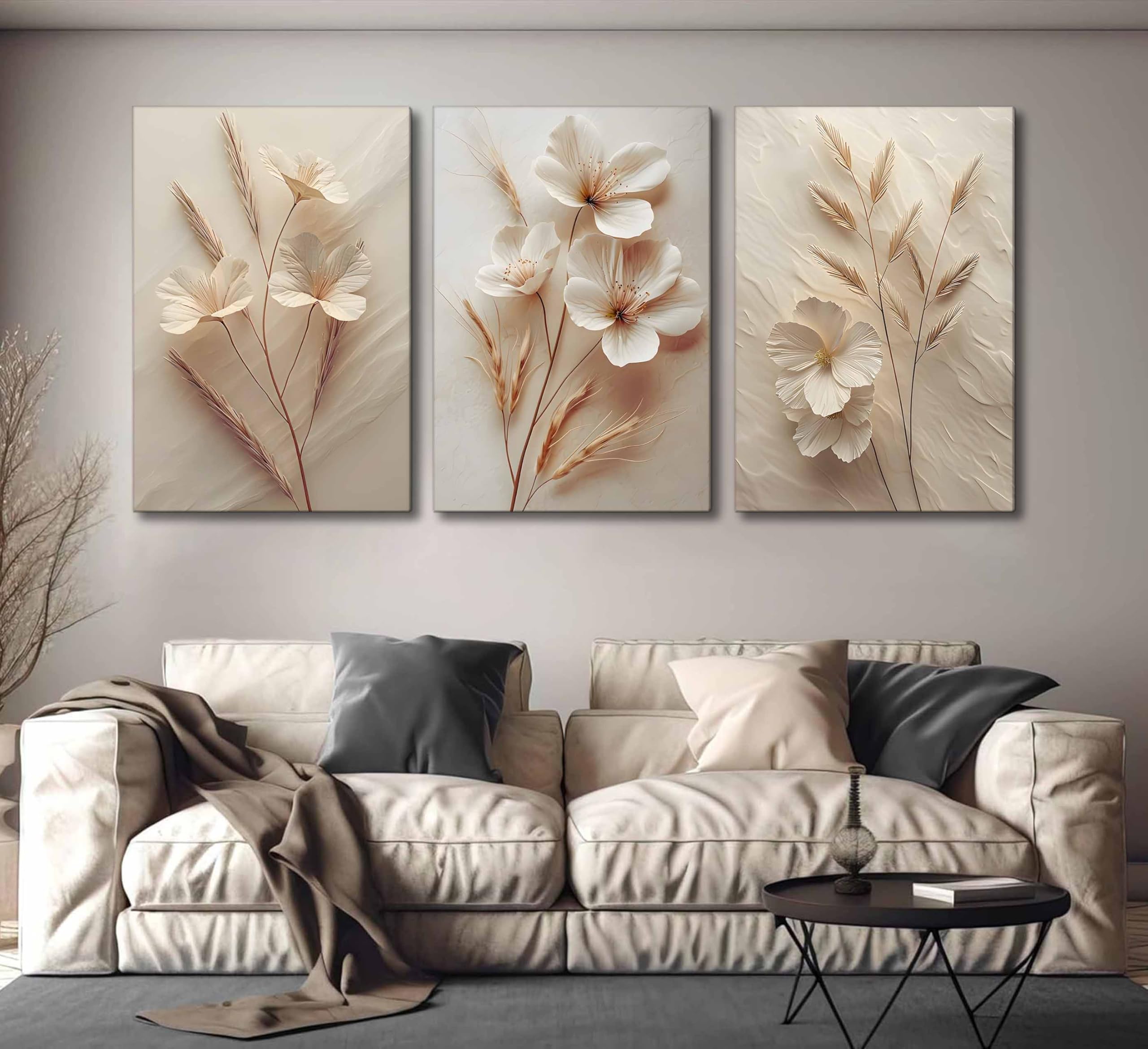 3Pcs Neutral Beige Floral Botanical Canvas Wall Art Modern Simple Texture Flower Plant Painting Picture Wall Decor Vintage Bloss