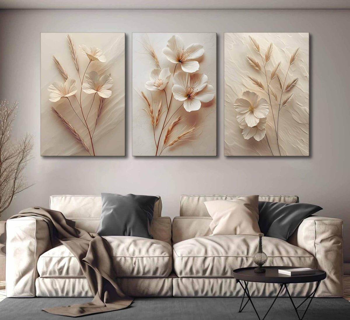 3Pcs Neutral Beige Floral Botanical Canvas Wall Art Modern Simple Text ...