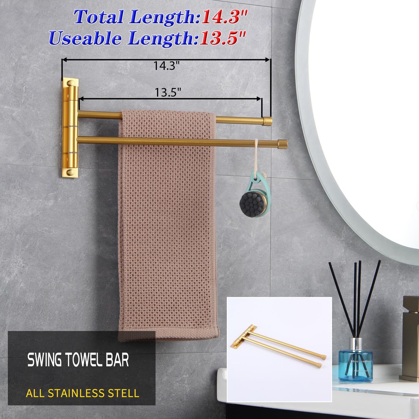 Gerzwy Bathroom Swing Arm Towel Bars 2-Arm Wall Mount Stainless Steel Bath Towel Rack Hanger Towel Holder Organizer Gold Finishe