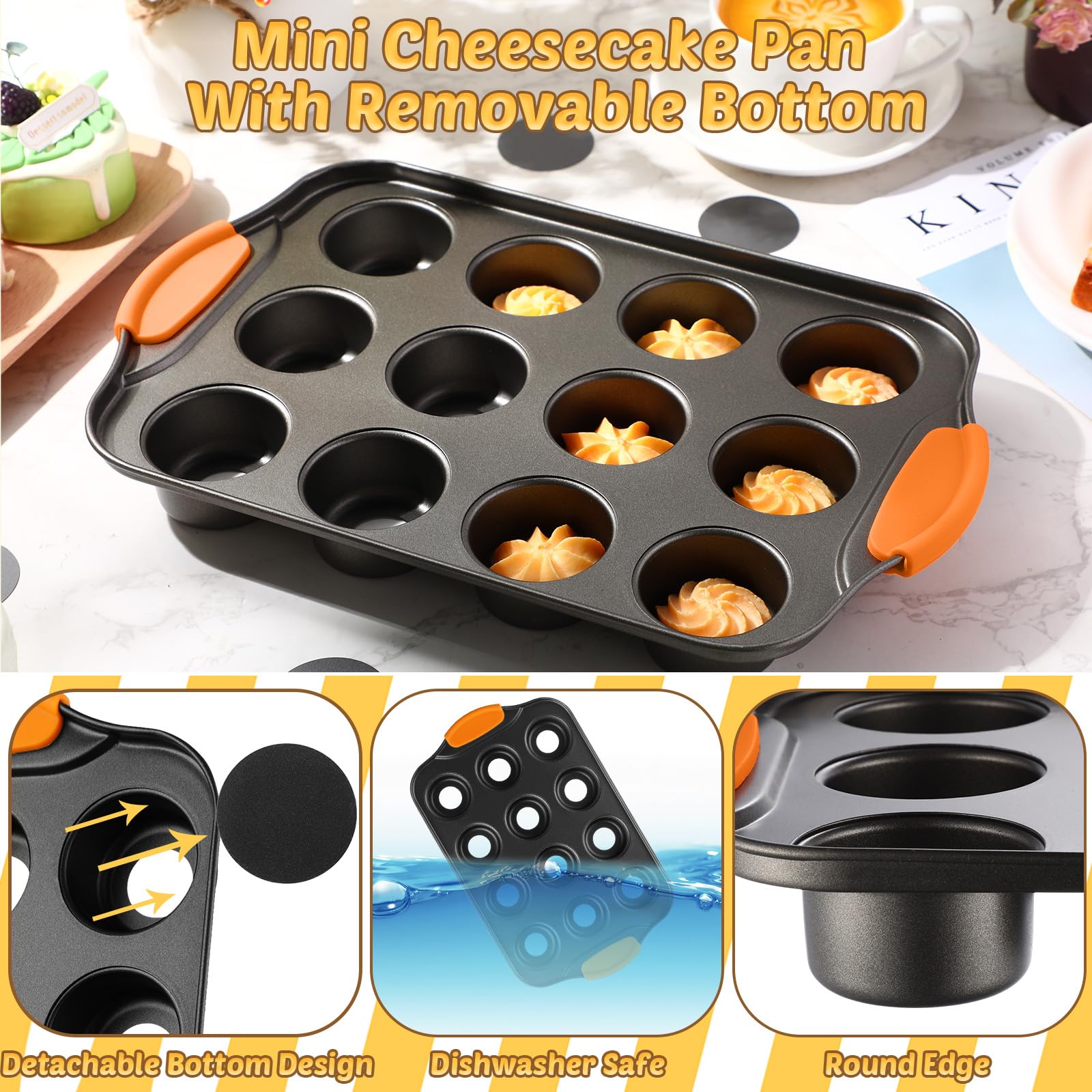 Uiifan 3 Pack Mini Cheesecake Pans Removable Bottom 12 Cavity Mini Cupcake Pan With Silicone Handle Nonslip Anti Heat Nonstick C