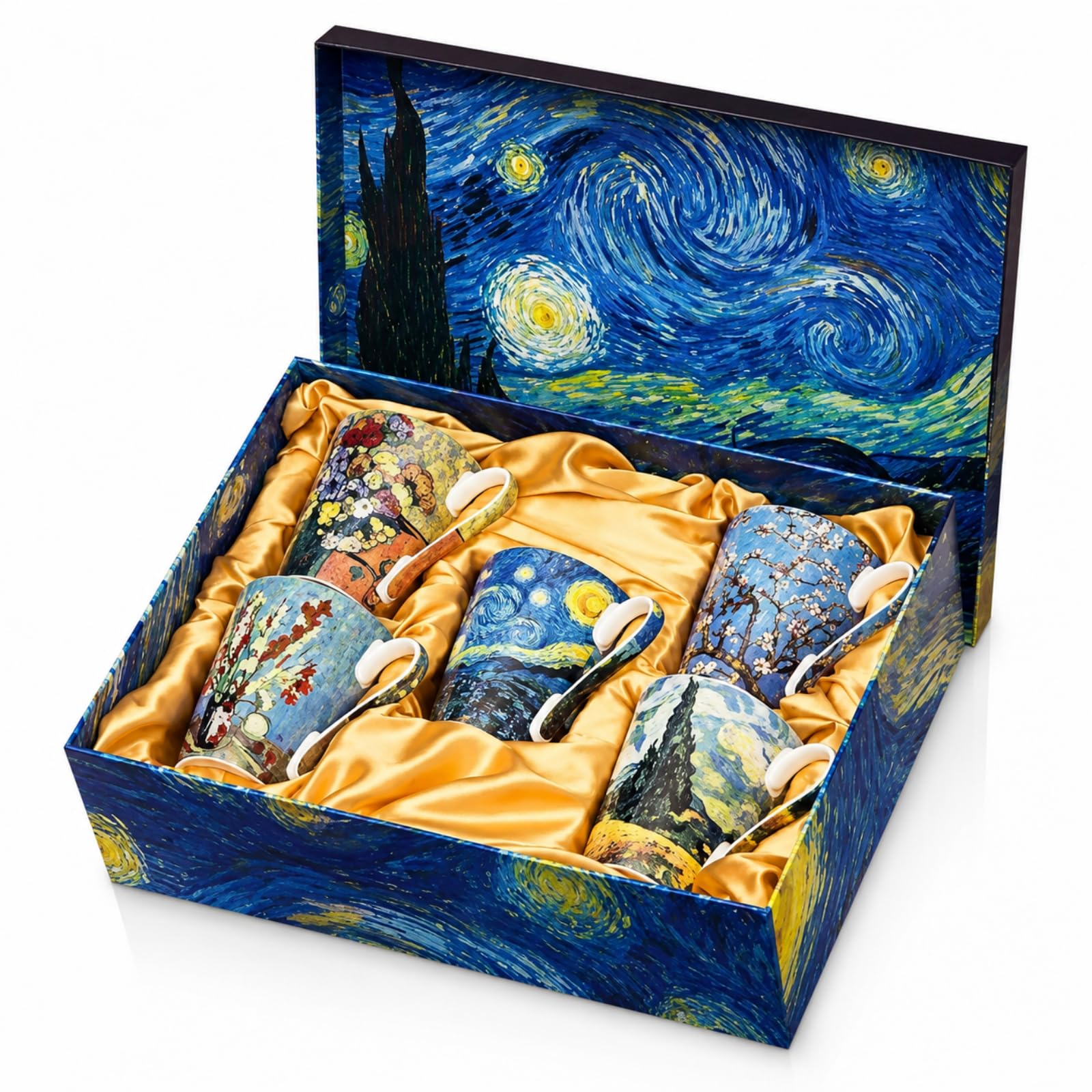 Van Gogh Bone China Set of 5 Large Mugs for Coffee and Tea, With Gift Box, 12 Ounce Art Coffee and Tea Mugs Set