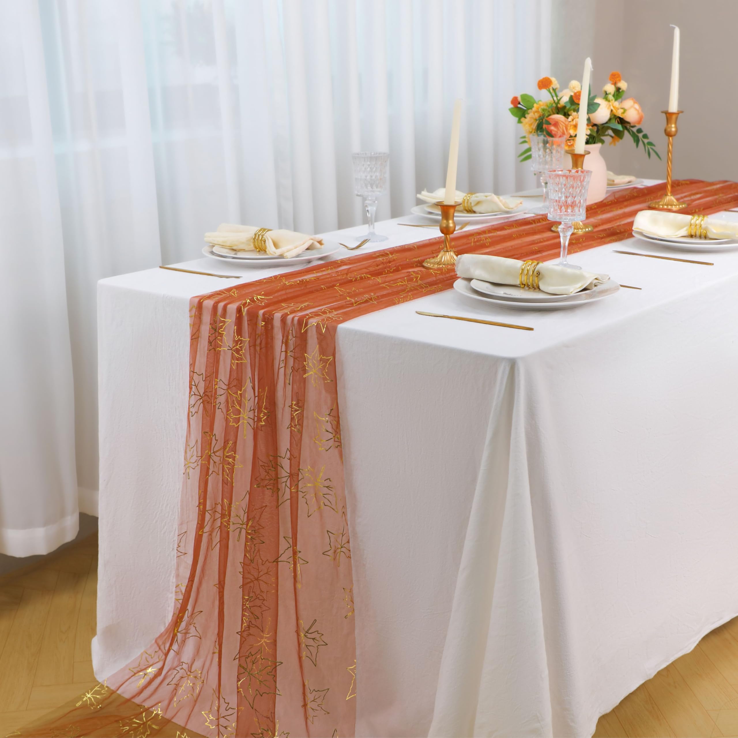 Snowkingdom Fall Thanksgiving Table Runner 10Ft, Gold Maple Leaves Burnt Orange Rust Sheer Tulle Gauze Cheesecloth, Golden Sequi