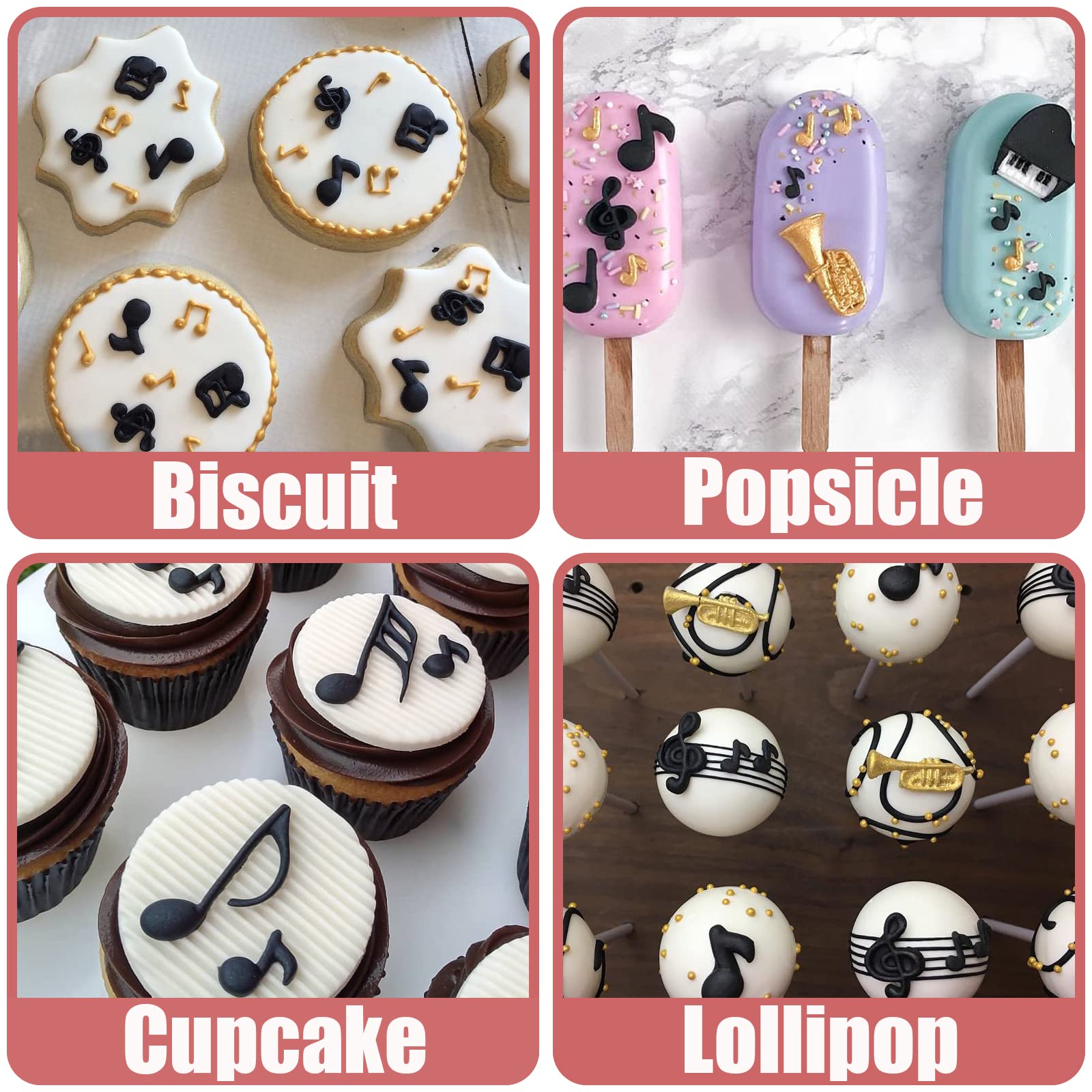 Music Note Fondant Mold 4 Pcs, Musical Instruments Chocolate Silicone Mold Piano Saxophone Boombox Microphone Radio Guitar Mold