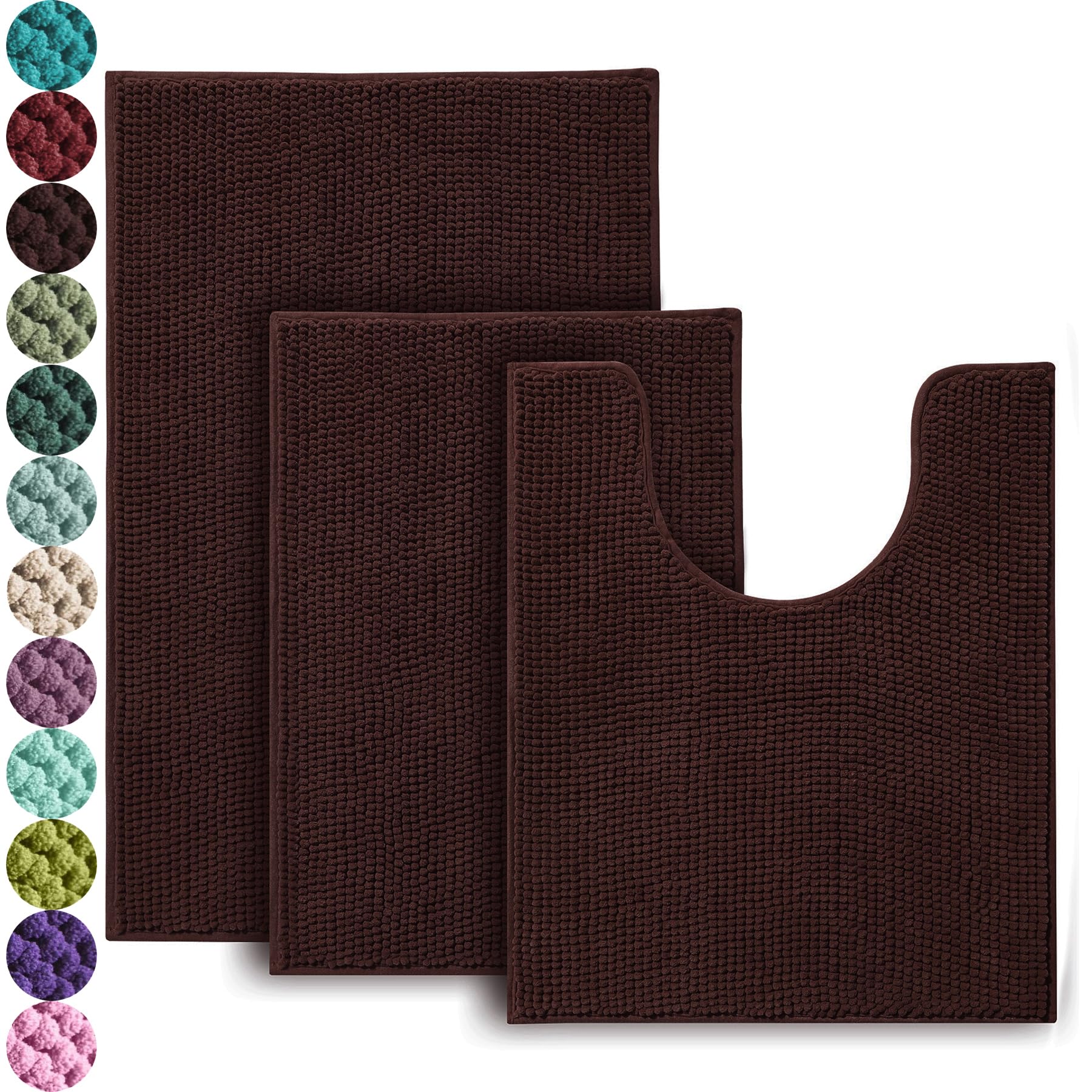Urvoix Bathroom Rugs Set - 3 Pieces Ultra Soft Non-Slip Bath Mats  Chenille Absorbent Bath Rugs for Bathroom  Tub and Shower (Brown)