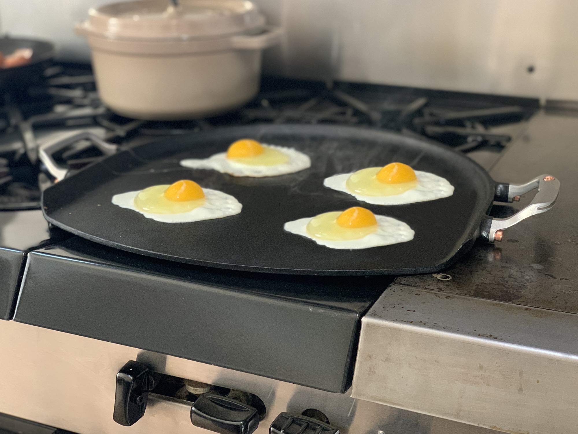 Outset Cast Iron Grill Skillet And Pan With Forged Handles For Pizza, Eggs, Pancakes, Burgers And Steaks, 14-Inch, Black