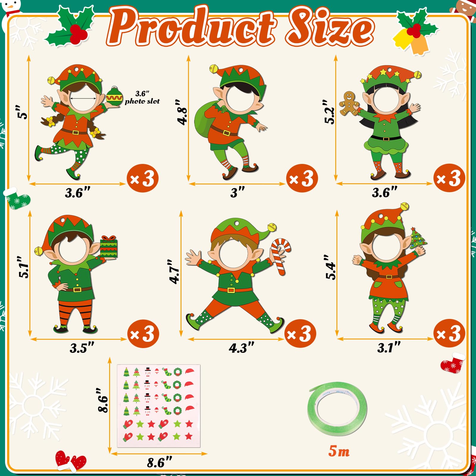 18PCS Christmas Elf Wooden Picture Frame Ornaments - Xmas DIY Photo Hanging Decorations Tree Stocking Decor