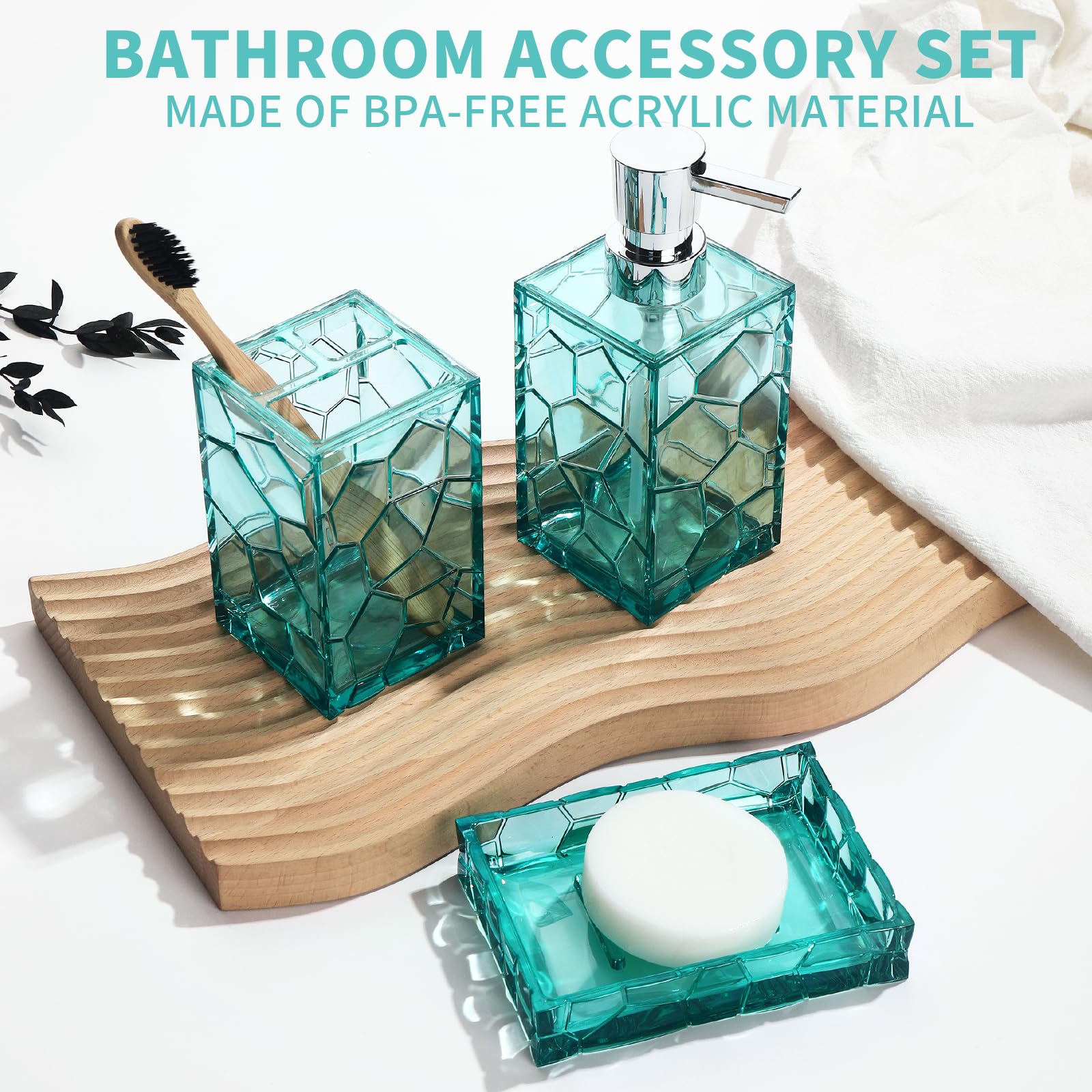 Gahefy Teal Blue Beach Bathroom Accessories Set With Toothbrush Holder, Soap Dispenser, Tumbler, Soap Dish, Turquoise Bathroom D