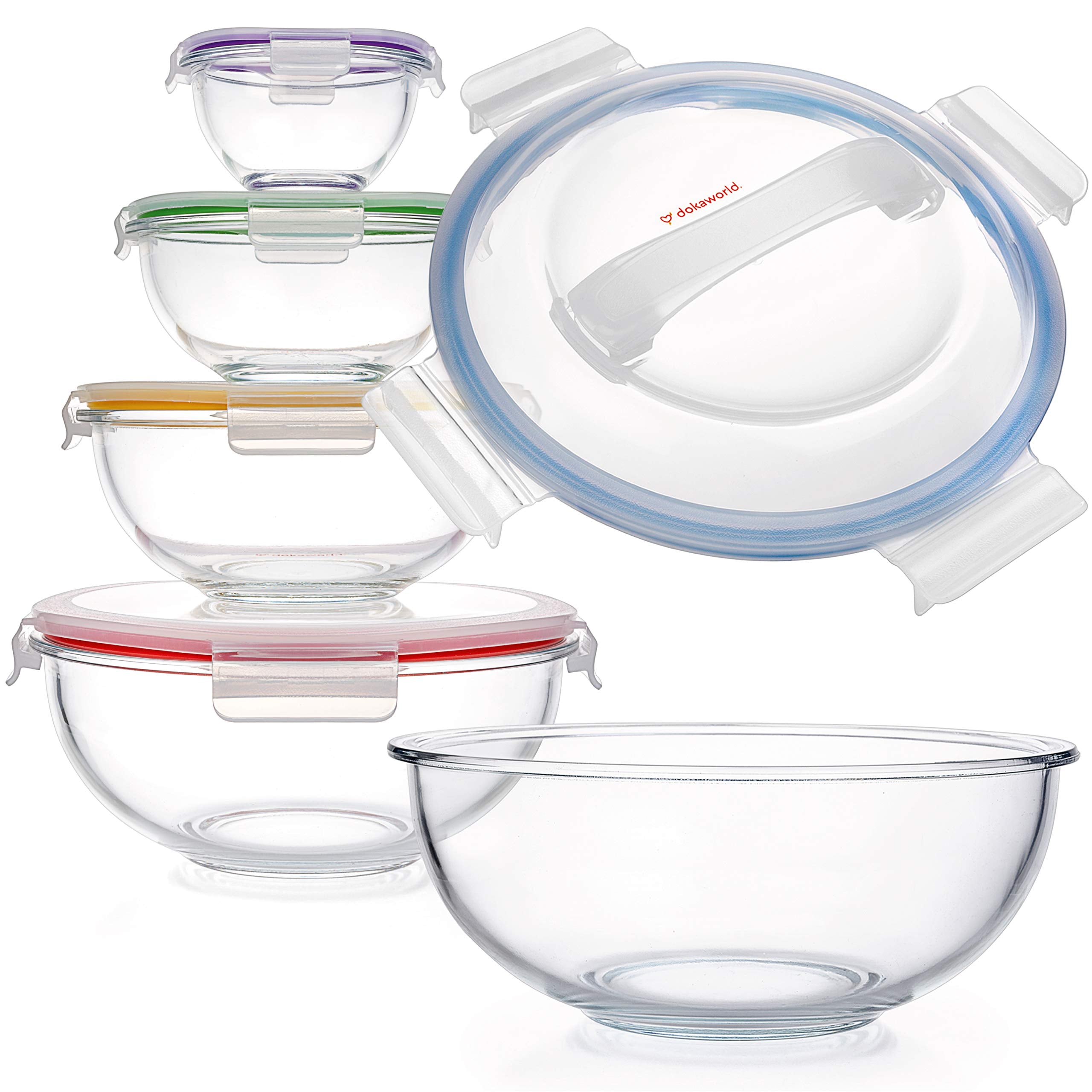dokaworld Set of 5 Stackable Space-Saving Nesting Glass Bowls with BPA Free Lids for Foodprep, Storage, Baking, Mixing & Cooking