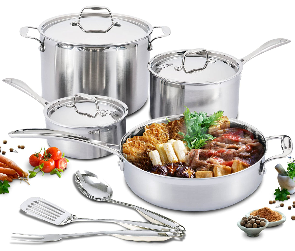 Nevlers 10 Pcs Stainless Steel Cookware Sets |Tri Ply Stainless Steel Pots and Pans Set & Aluminum Core | Premium Kitchen Cookwa