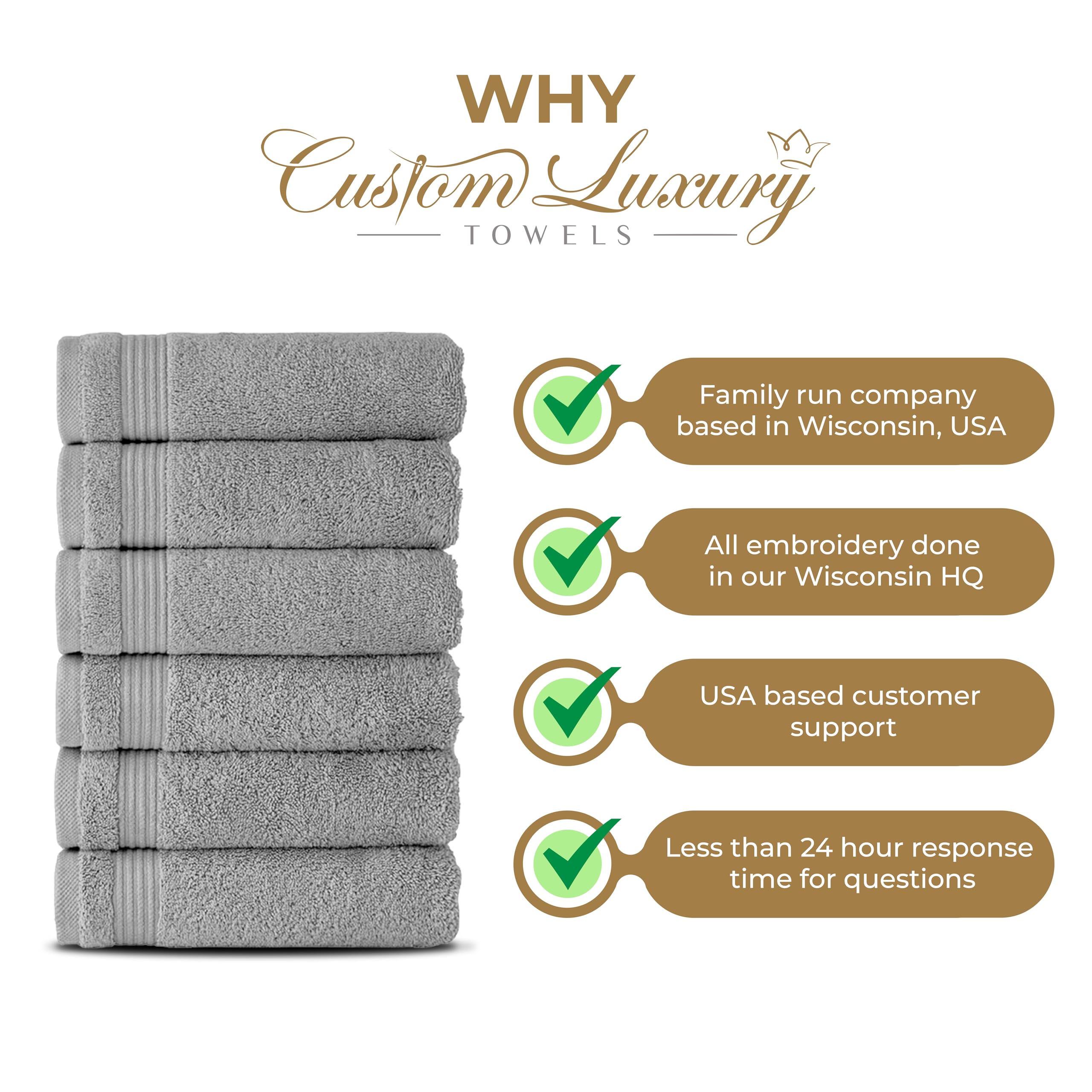 Custom Luxury Towels Turkish Hand Towels, Set Of 2, Grey - Gold Thread, 100% Cotton, Embroidered Monogram