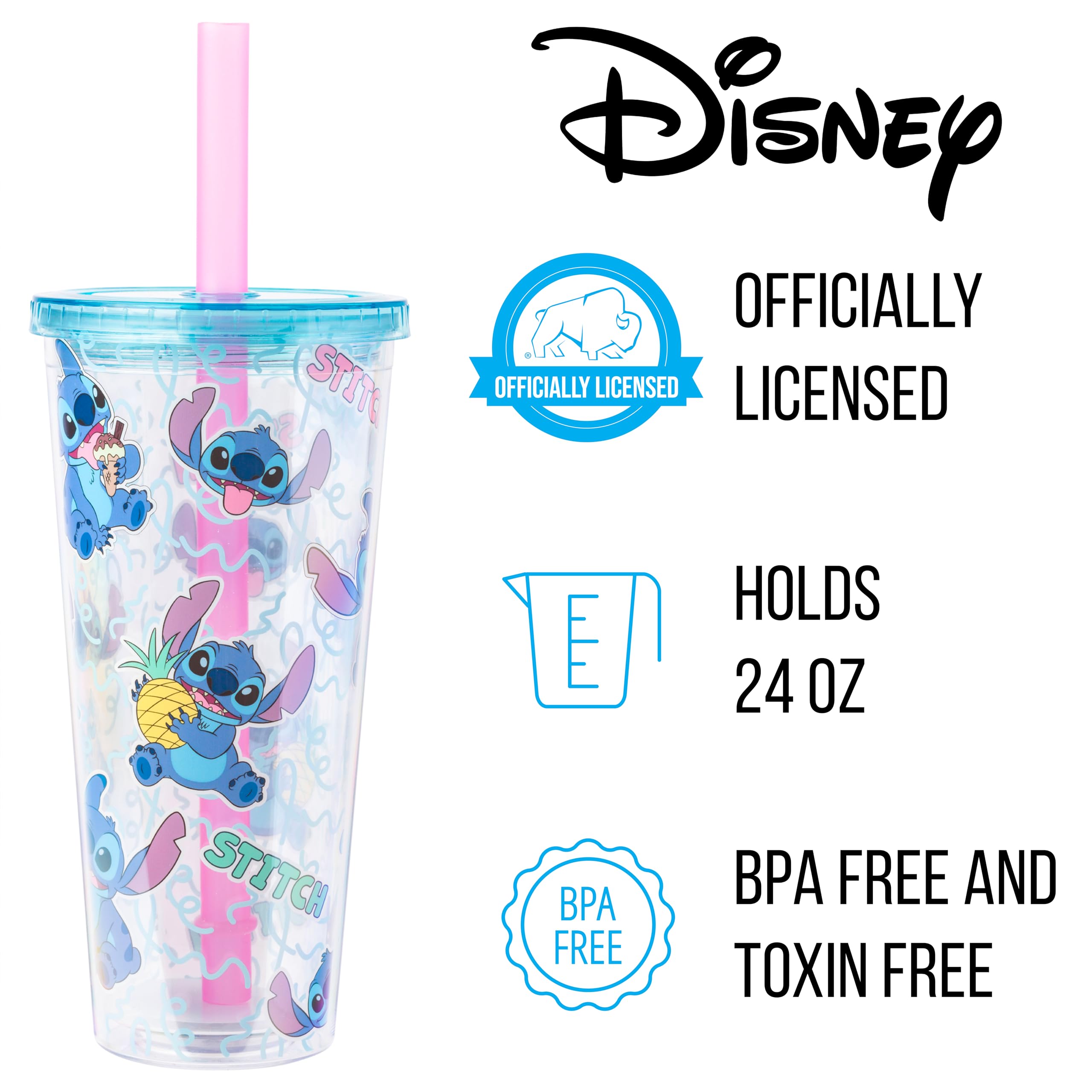 Silver Buffalo Disney Lilo And Stitch Snacking Pattern Plastic Boba Tumbler With Lid And Straw, 24 Ounces