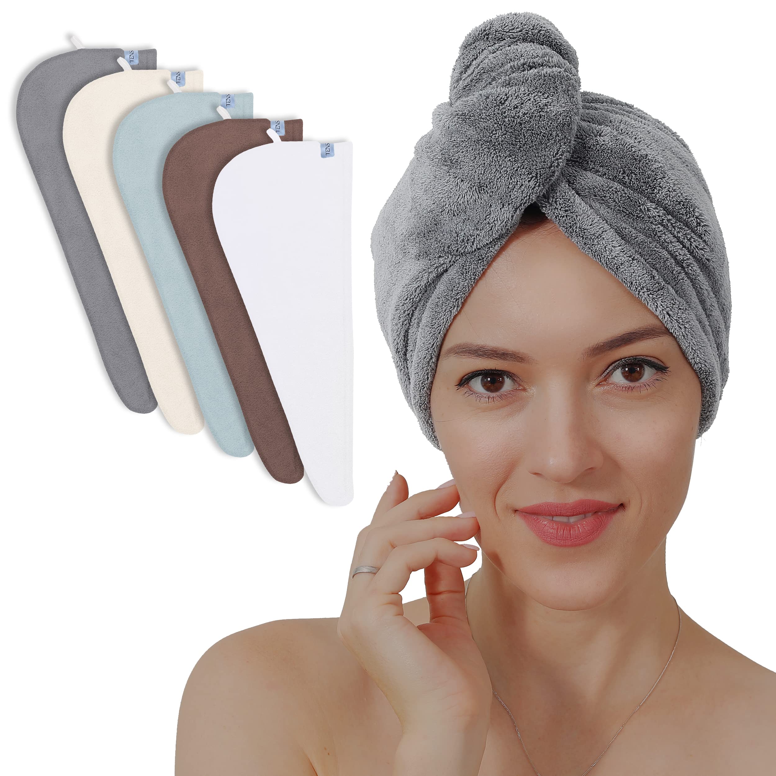 TENSTARS 5 Pack Thicken Microfiber Hair Towel Wrap for Women - Elastic Loop Design - 320GSM Coral Velvet - Quick Dry Hair Turban
