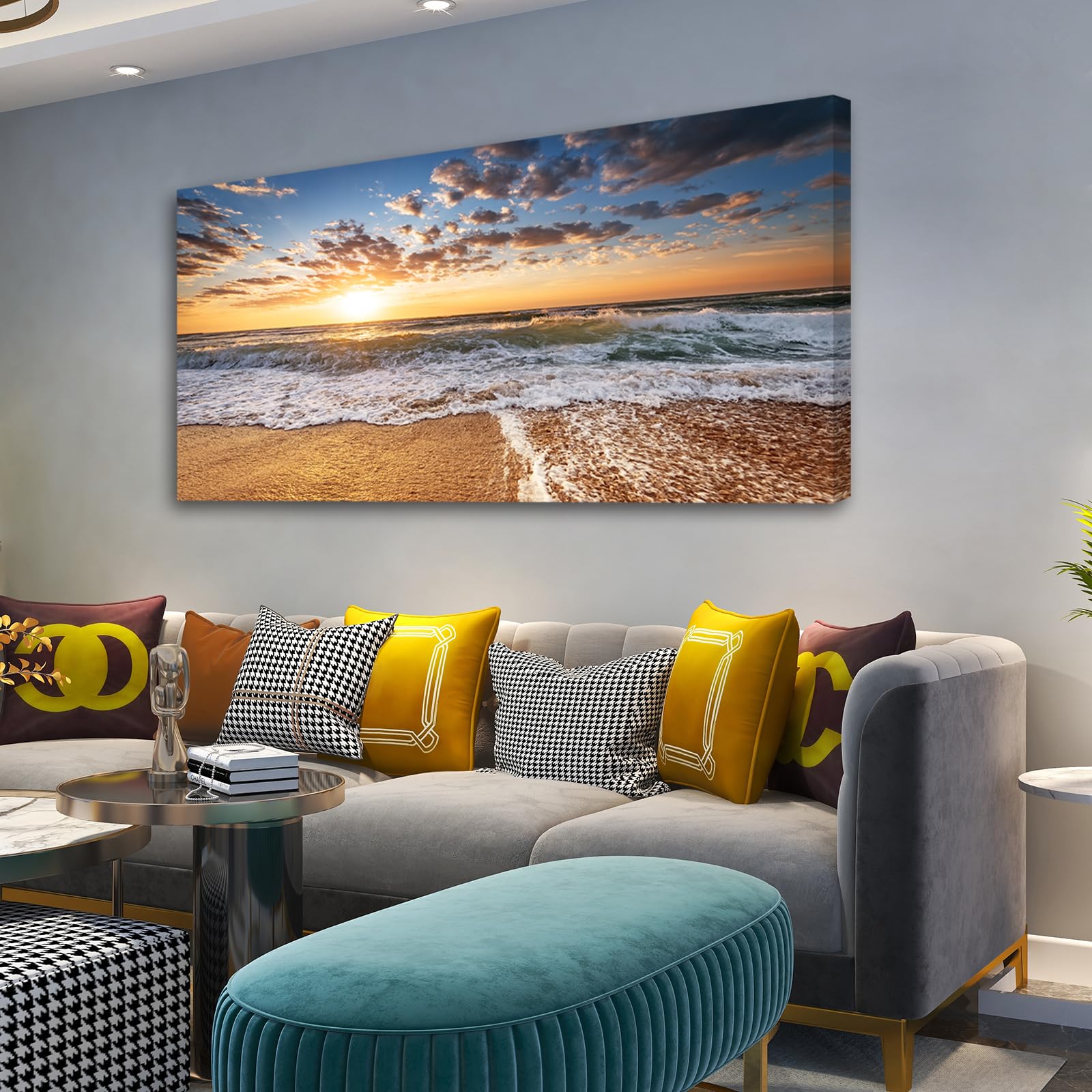 Jiuqinghua Wall Art Decor Large Canvas Print Picture Sunrise Over The Sea 1 Panel Ocean Beach Waves Scenery Painting Artwork For