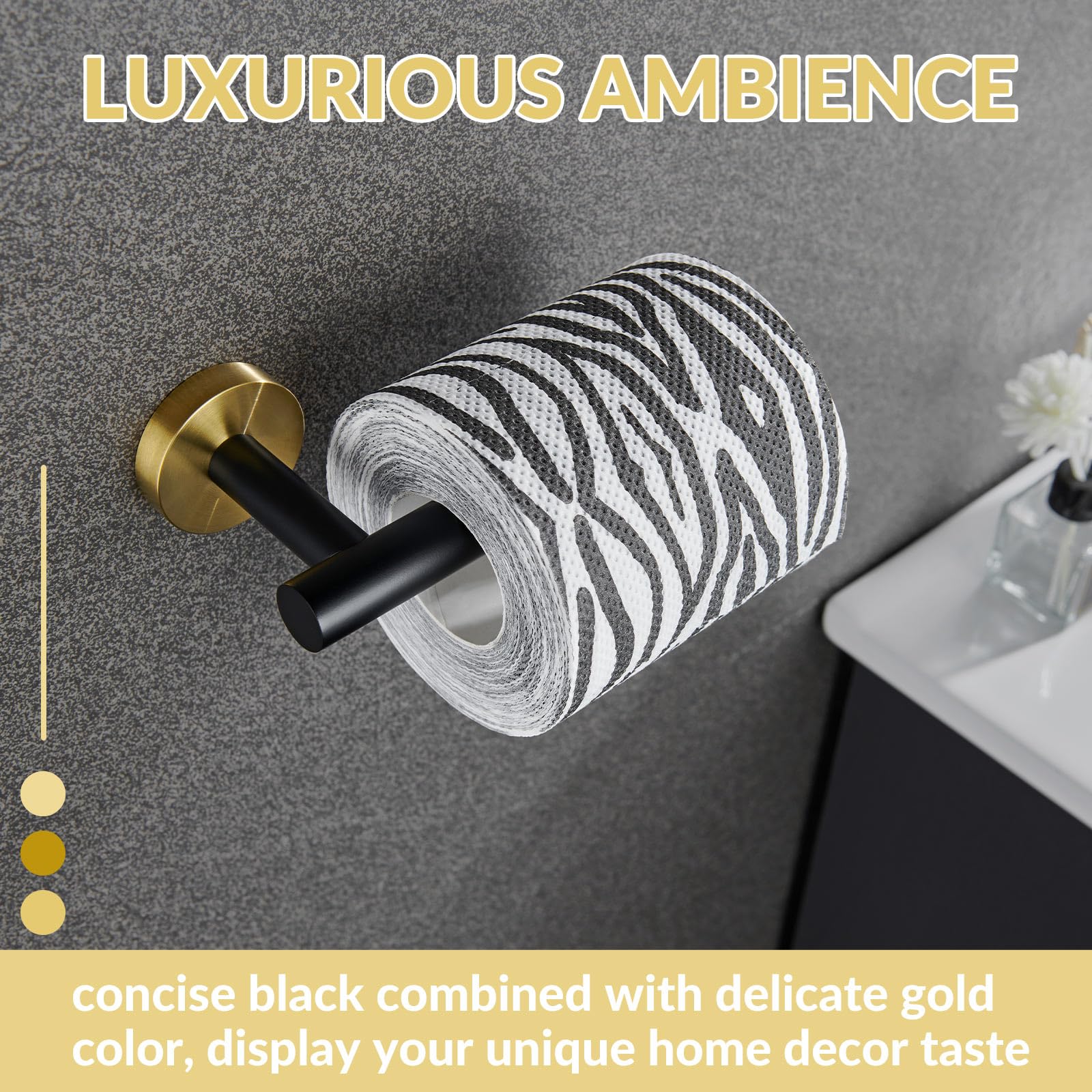 Toilet Paper Holder  APLusee Stainless Steel Half Open Round Tissue Roll Hanger  Bathroom Kitchen Wall Storage (Black & Gold)