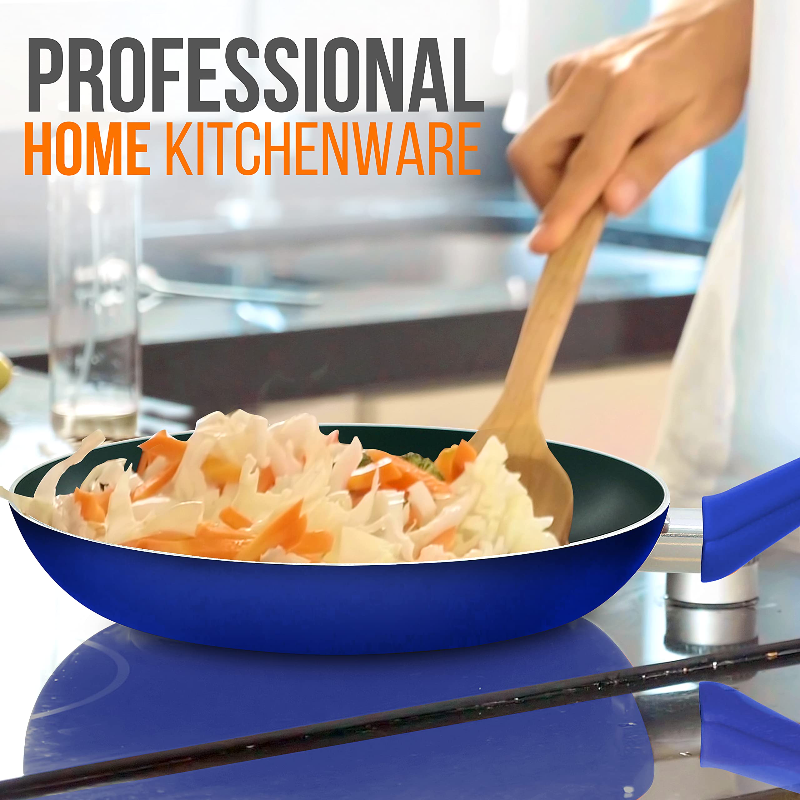 Nutrichef 10'' Large Open Fry Pan - Non-Stick High-Qualified Kitchen Cookware With Black Inside And Blue Outside (Works With Mod